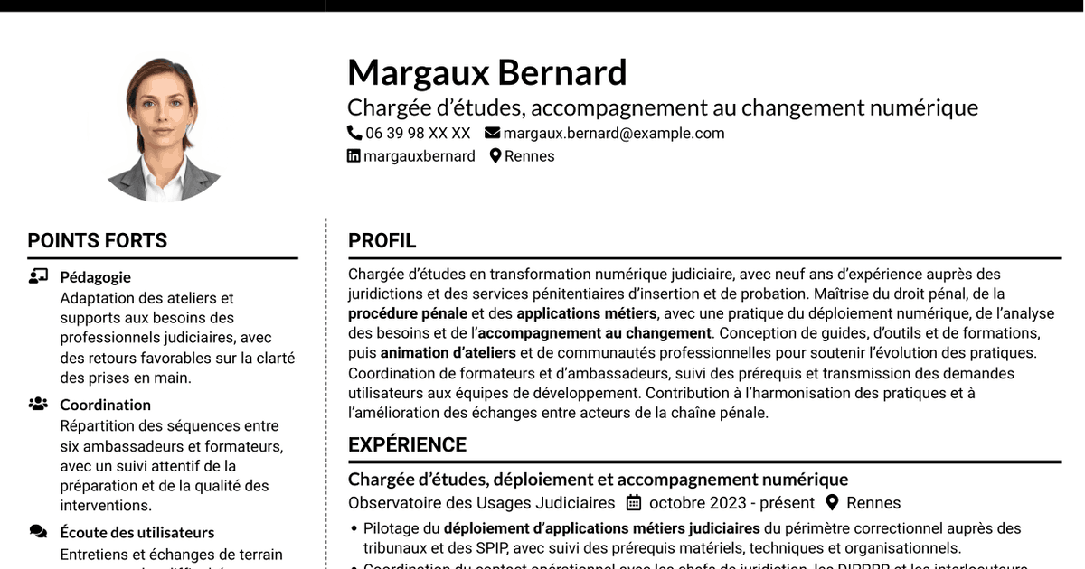 7 modèles de CV pour Chargée d’études - Accompagnement au changement numérique, avec exemples