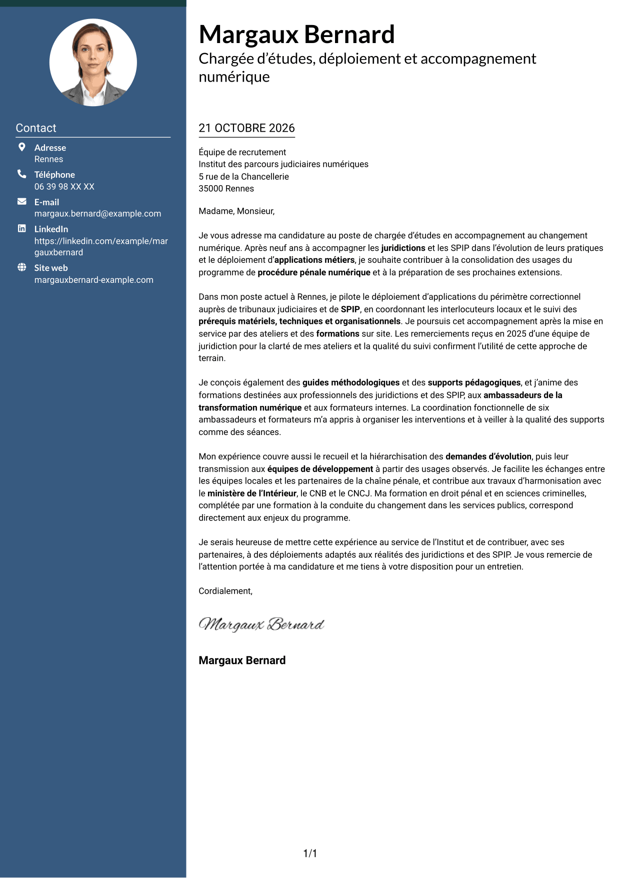 Lettre de motivation Élégant (format à colonne latérale colorée avec photo) : Chargée d’études - Accompagnement au changement numérique, page 1