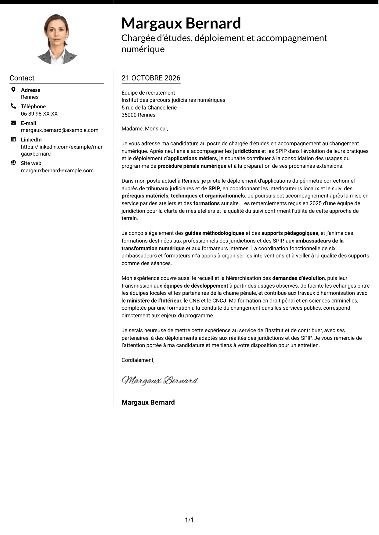 Lettre de motivation Moderne (format à deux colonnes avec photo à gauche et séparateur) : Chargée d’études - Accompagnement au changement numérique, page 1