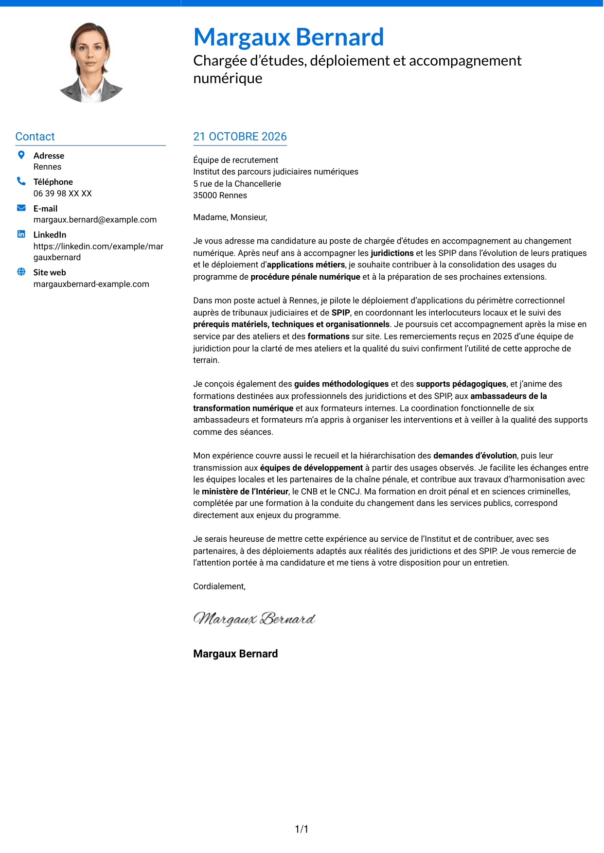 Lettre de motivation Audacieux (format à deux colonnes avec accents colorés et photo) : Chargée d’études - Accompagnement au changement numérique, page 1