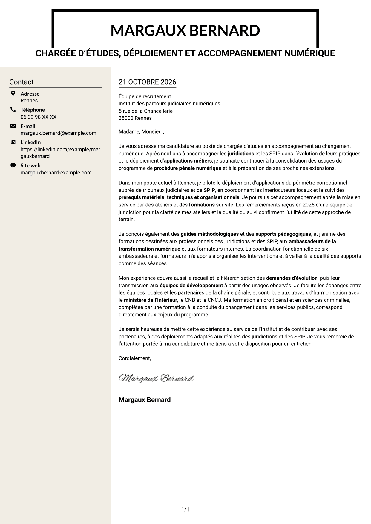 Lettre de motivation Fonceur (format à deux colonnes avec en-tête centré sans photo) : Chargée d’études - Accompagnement au changement numérique, page 1