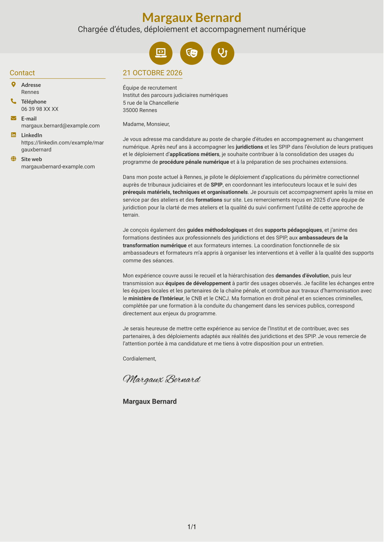 Lettre de motivation Dynamique (format à deux colonnes avec icônes) : Chargée d’études - Accompagnement au changement numérique, page 1
