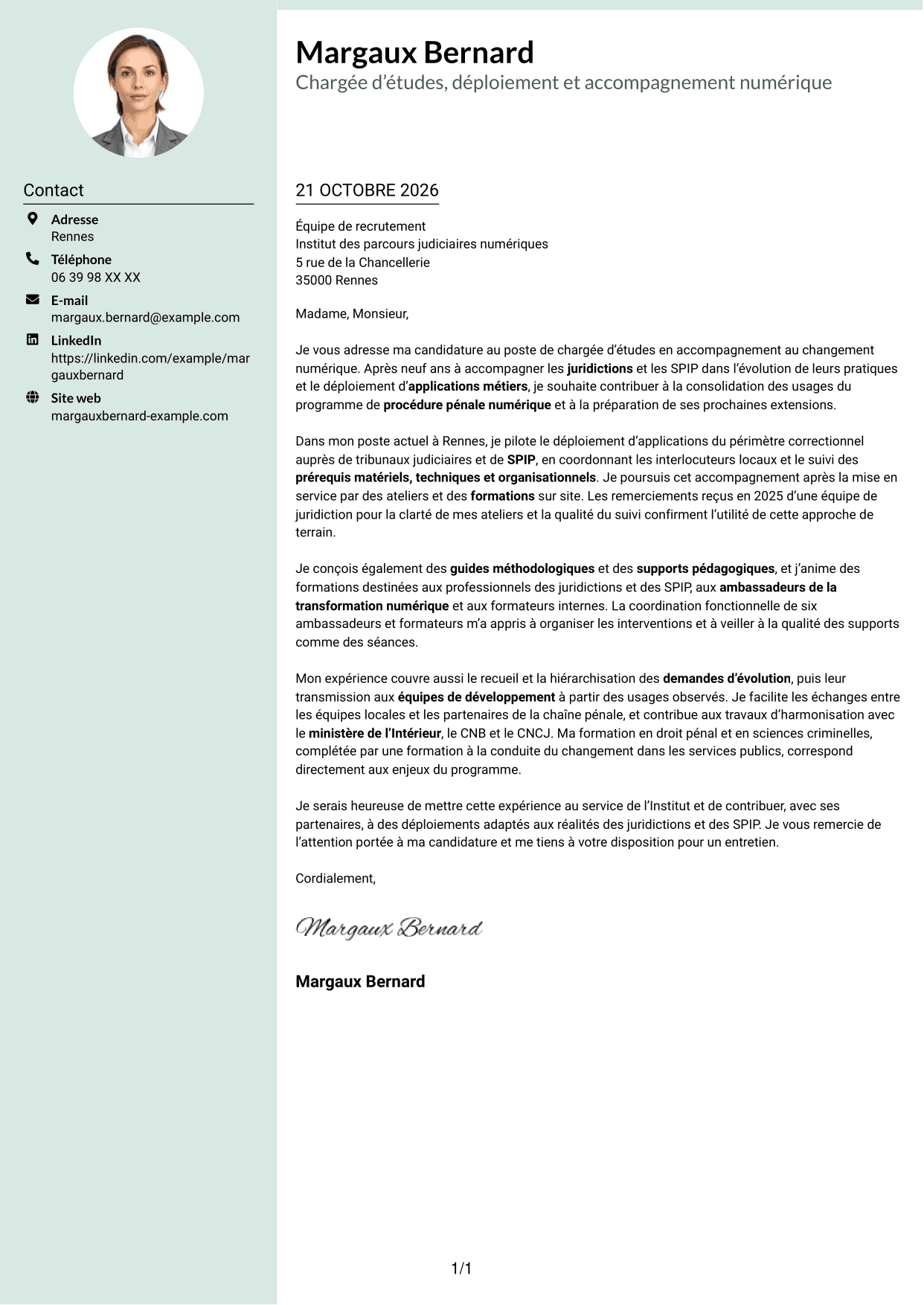 Lettre de motivation Cadre (format à colonne latérale douce avec photo arrondie) : Chargée d’études - Accompagnement au changement numérique, page 1