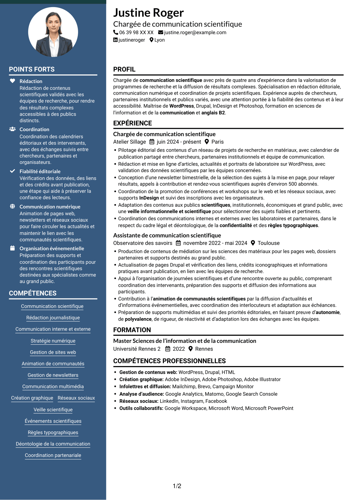 CV Élégant (format à colonne latérale colorée avec photo) : Chargé·e de communication scientifique, page 1