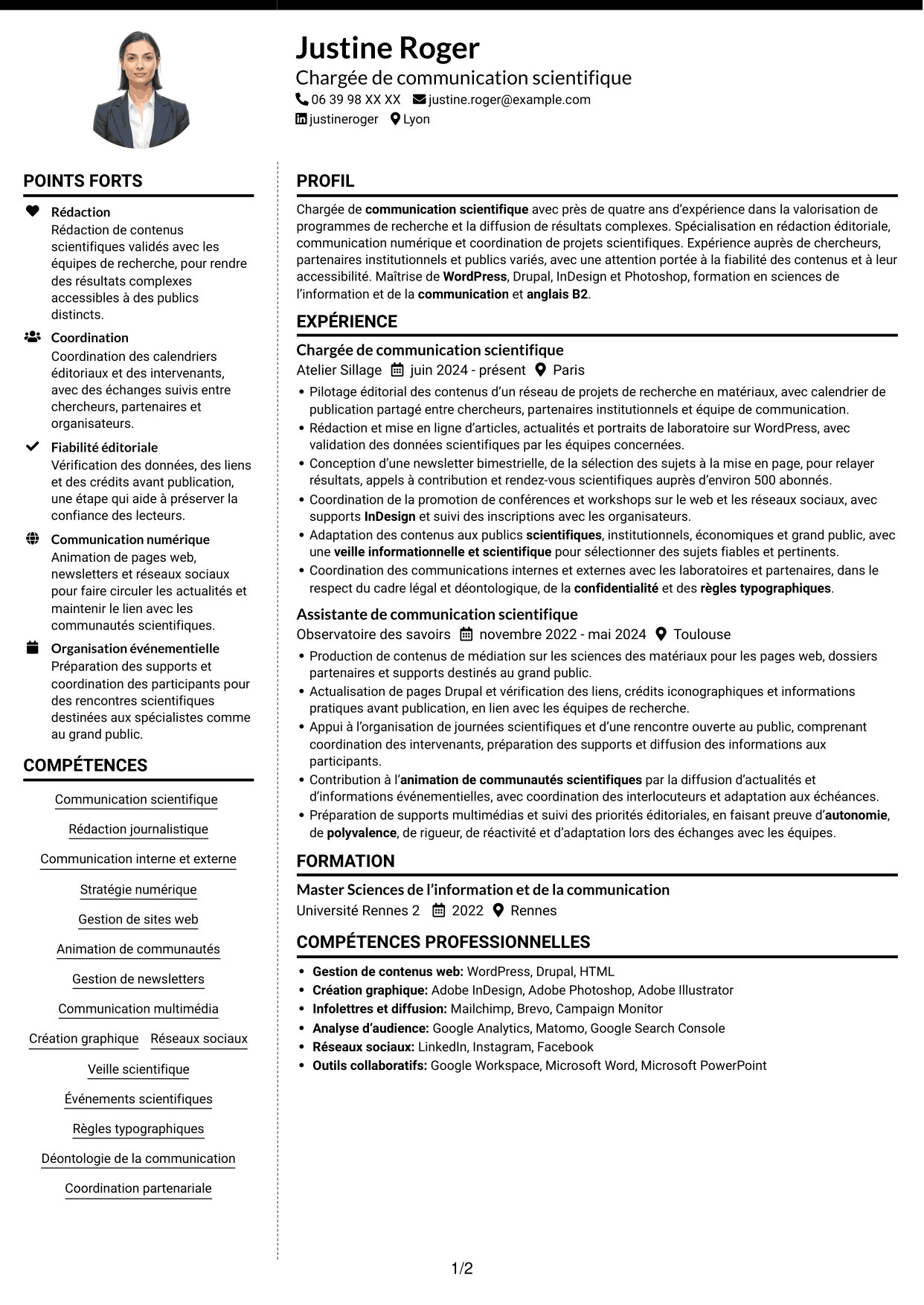 CV Moderne (format à deux colonnes avec photo à gauche et séparateur) : Chargé·e de communication scientifique, page 1