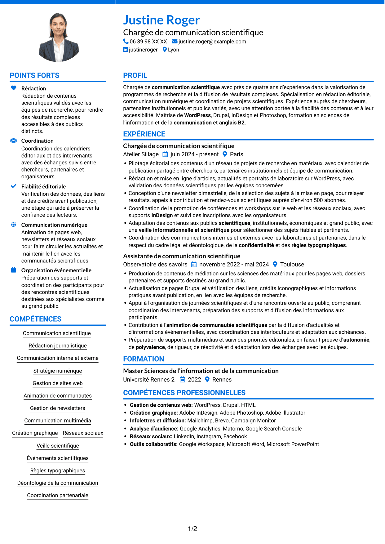 CV Audacieux (format à deux colonnes avec accents colorés et photo) : Chargé·e de communication scientifique, page 1