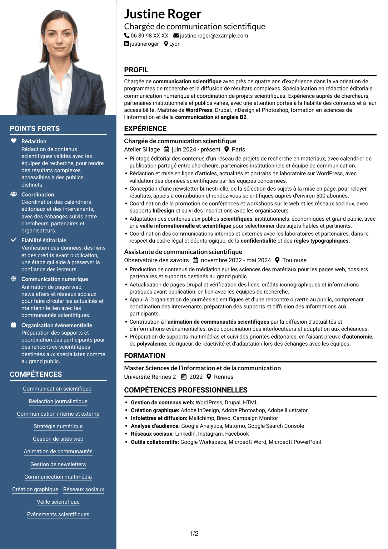 CV Signature (format à colonne latérale colorée avec grande photo) : Chargé·e de communication scientifique, page 1