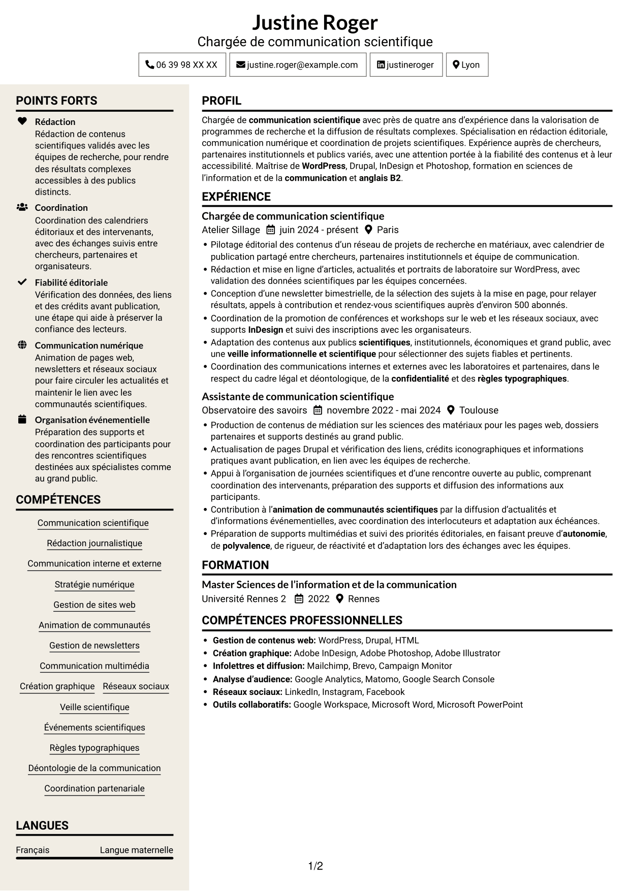 CV Fonceur (format à deux colonnes avec en-tête centré sans photo) : Chargé·e de communication scientifique, page 1