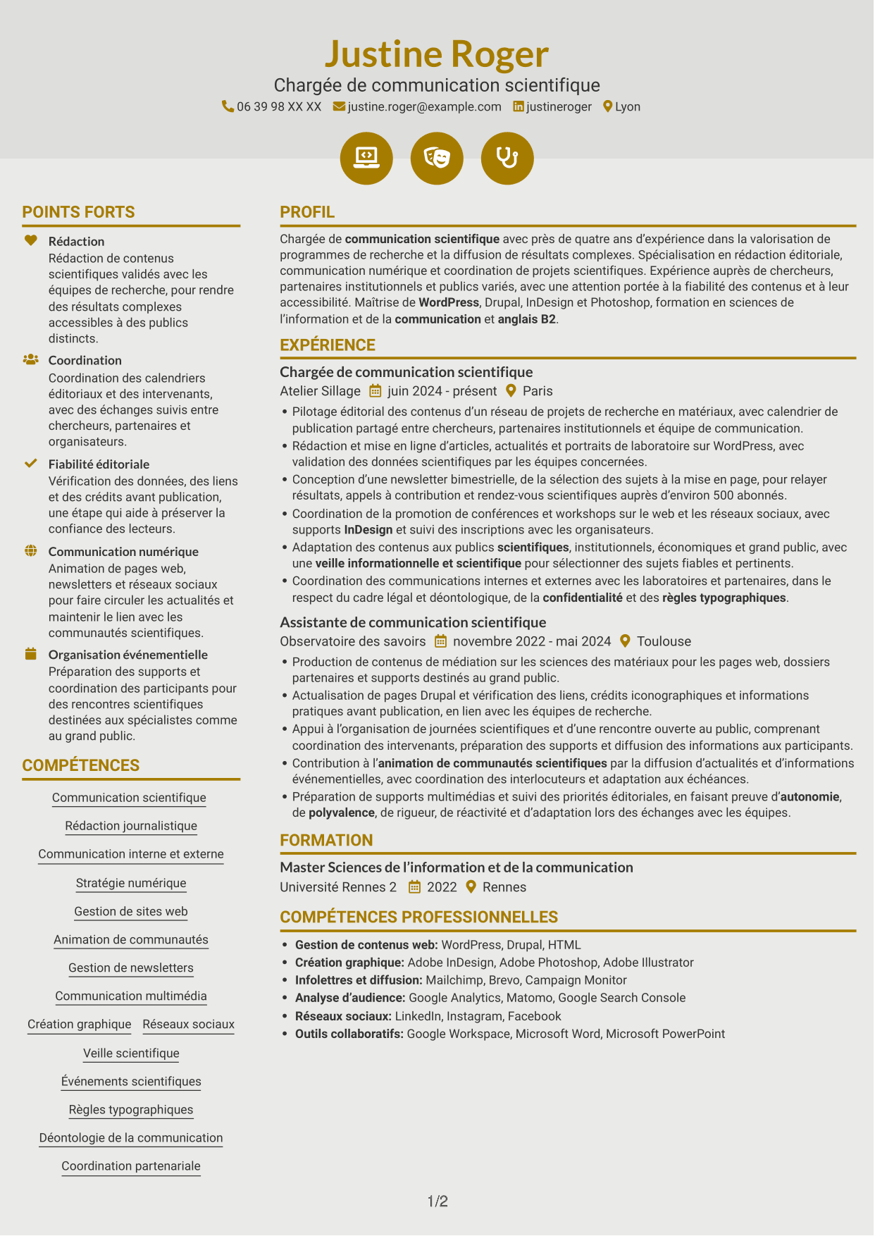 CV Dynamique (format à deux colonnes avec icônes) : Chargé·e de communication scientifique, page 1
