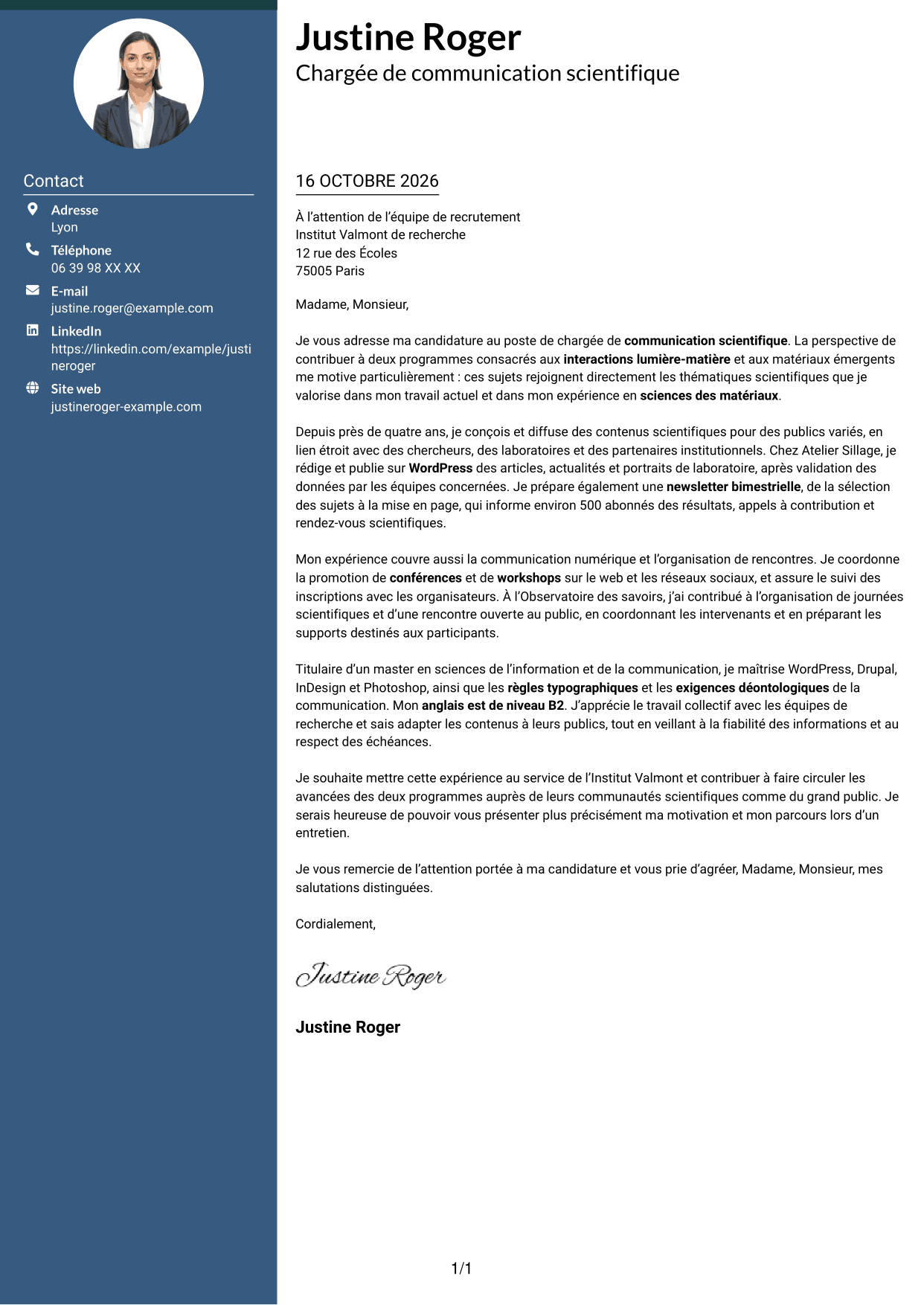 Lettre de motivation Élégant (format à colonne latérale colorée avec photo) : Chargé·e de communication scientifique, page 1
