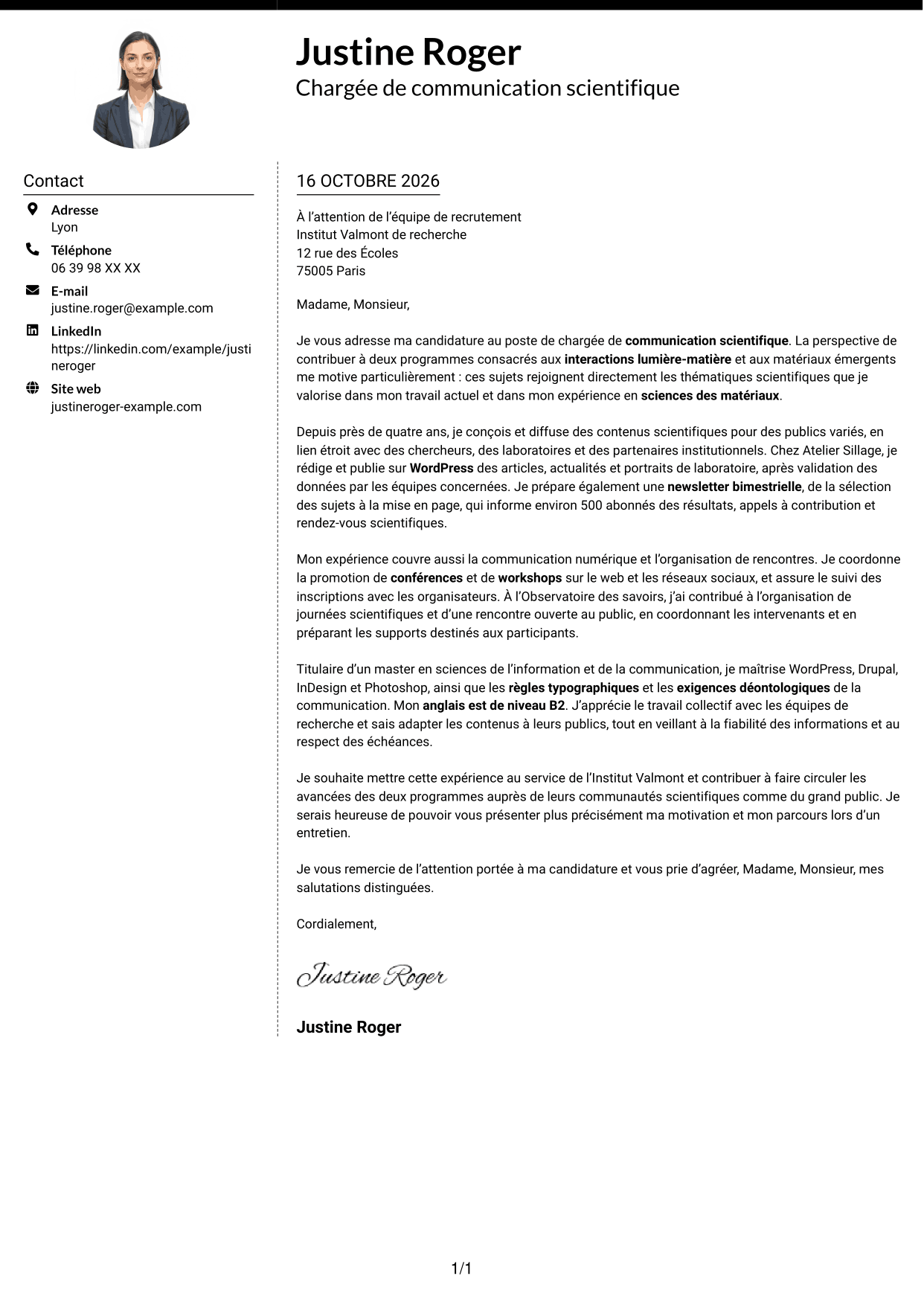 Lettre de motivation Moderne (format à deux colonnes avec photo à gauche et séparateur) : Chargé·e de communication scientifique, page 1