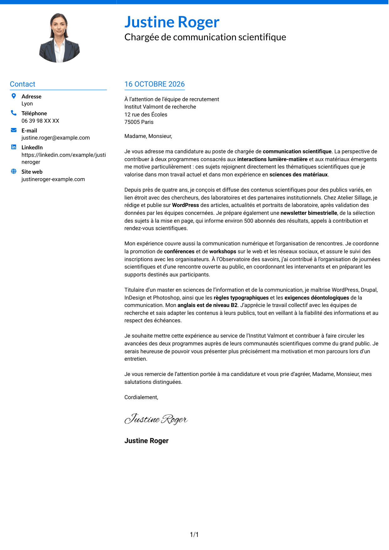 Lettre de motivation Audacieux (format à deux colonnes avec accents colorés et photo) : Chargé·e de communication scientifique, page 1