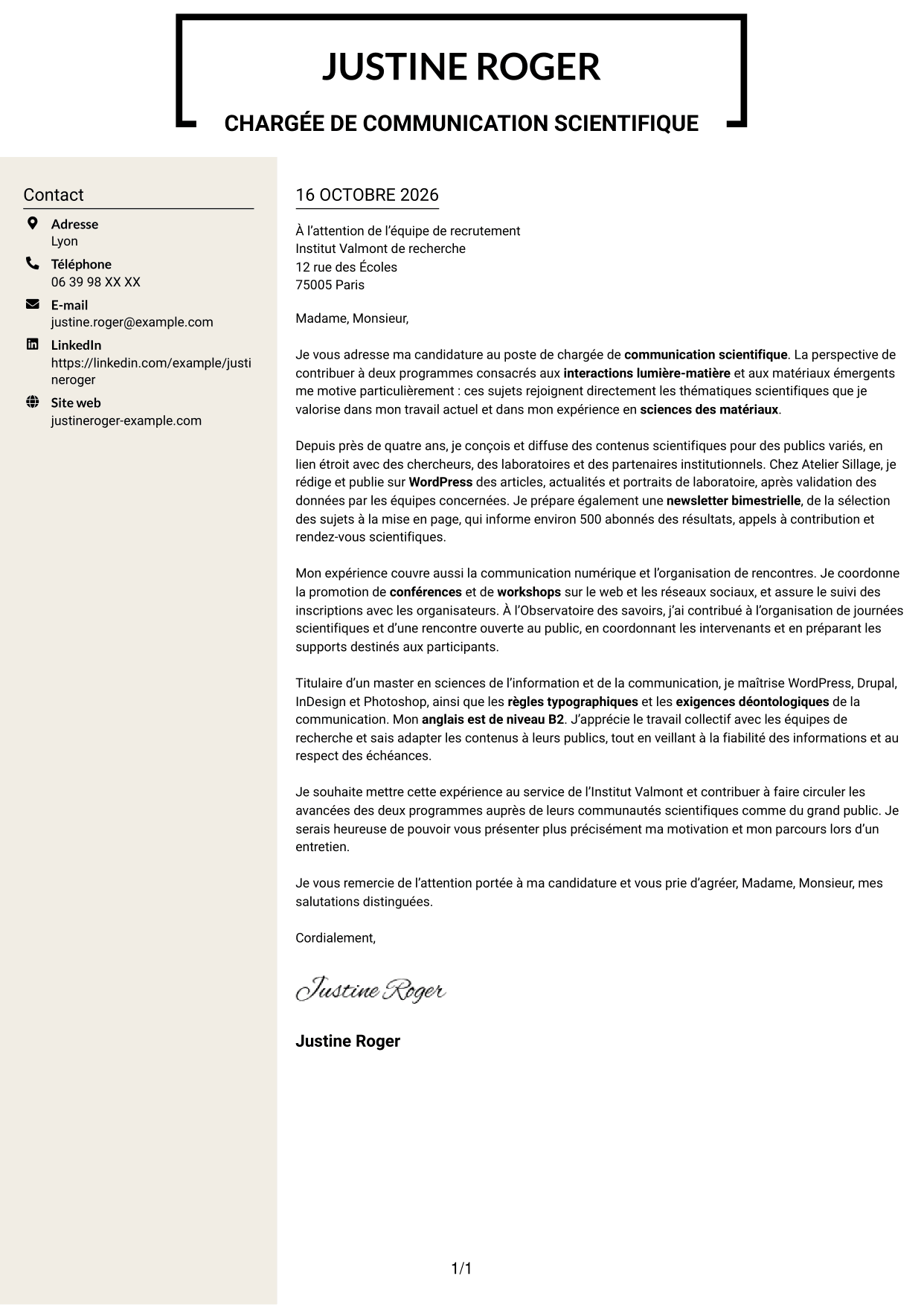 Lettre de motivation Fonceur (format à deux colonnes avec en-tête centré sans photo) : Chargé·e de communication scientifique, page 1