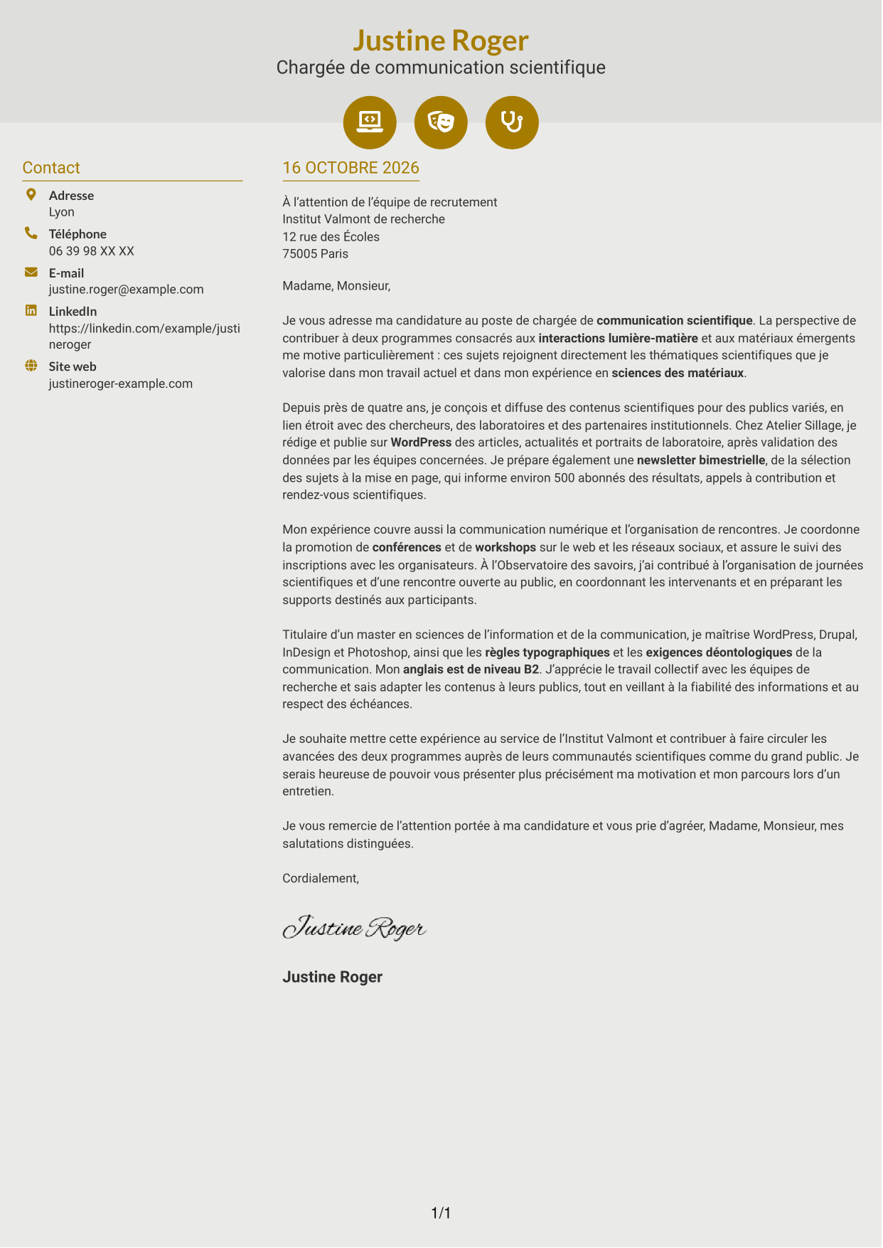 Lettre de motivation Dynamique (format à deux colonnes avec icônes) : Chargé·e de communication scientifique, page 1