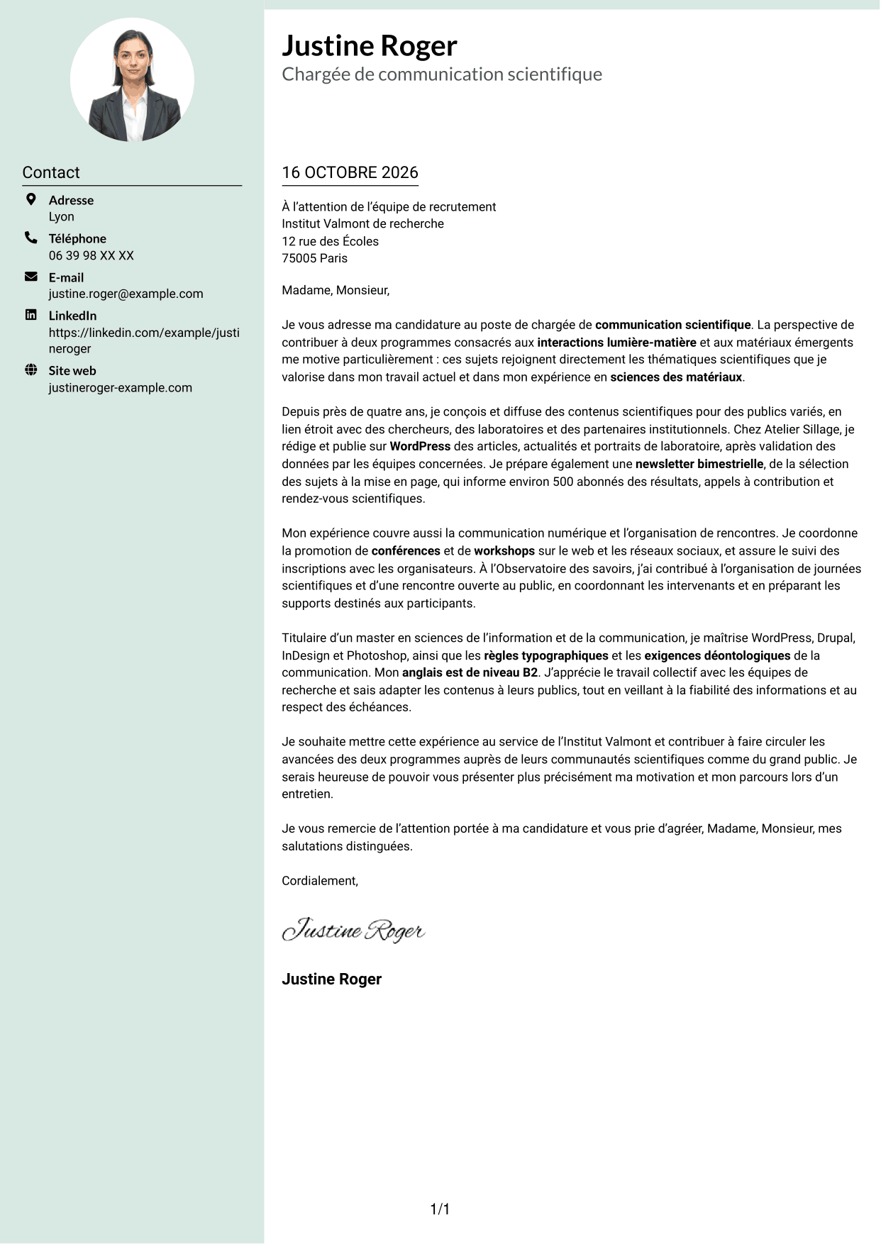 Lettre de motivation Cadre (format à colonne latérale douce avec photo arrondie) : Chargé·e de communication scientifique, page 1