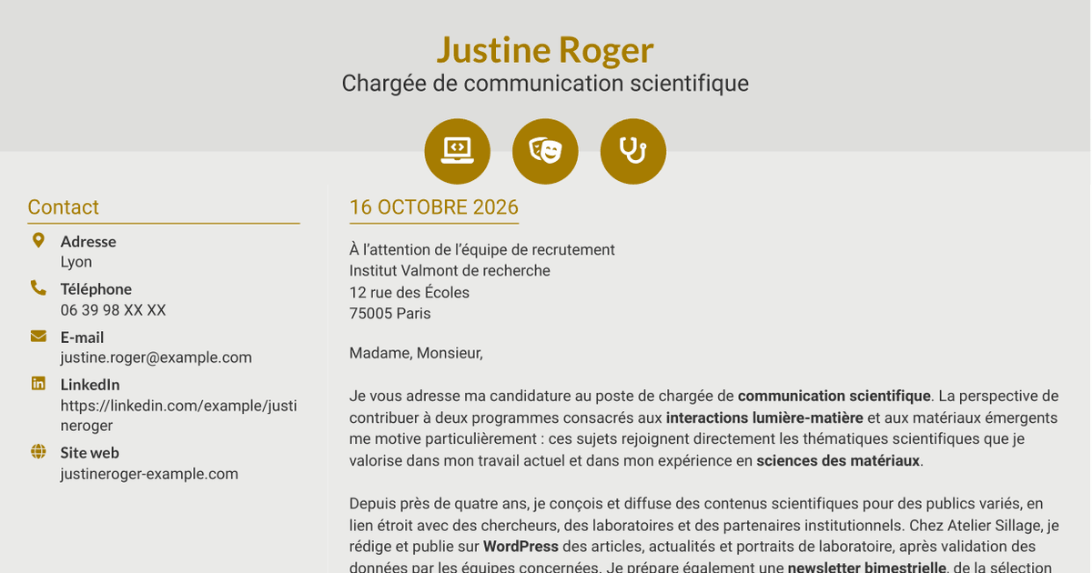 7 modèles de lettre de motivation pour Chargé·e de communication scientifique, avec exemples
