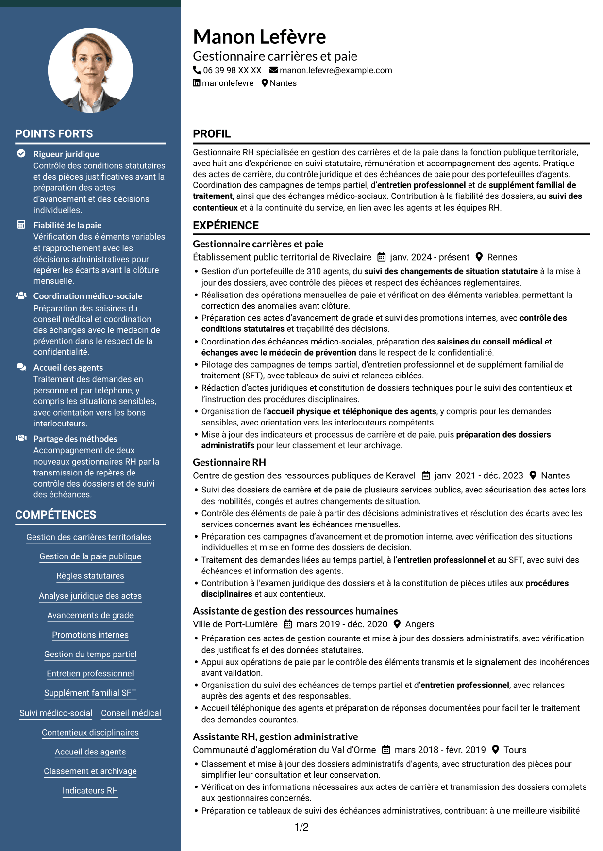 CV Élégant (format à colonne latérale colorée avec photo) : Chargé·e de gestion des carrières et de la paie, page 1