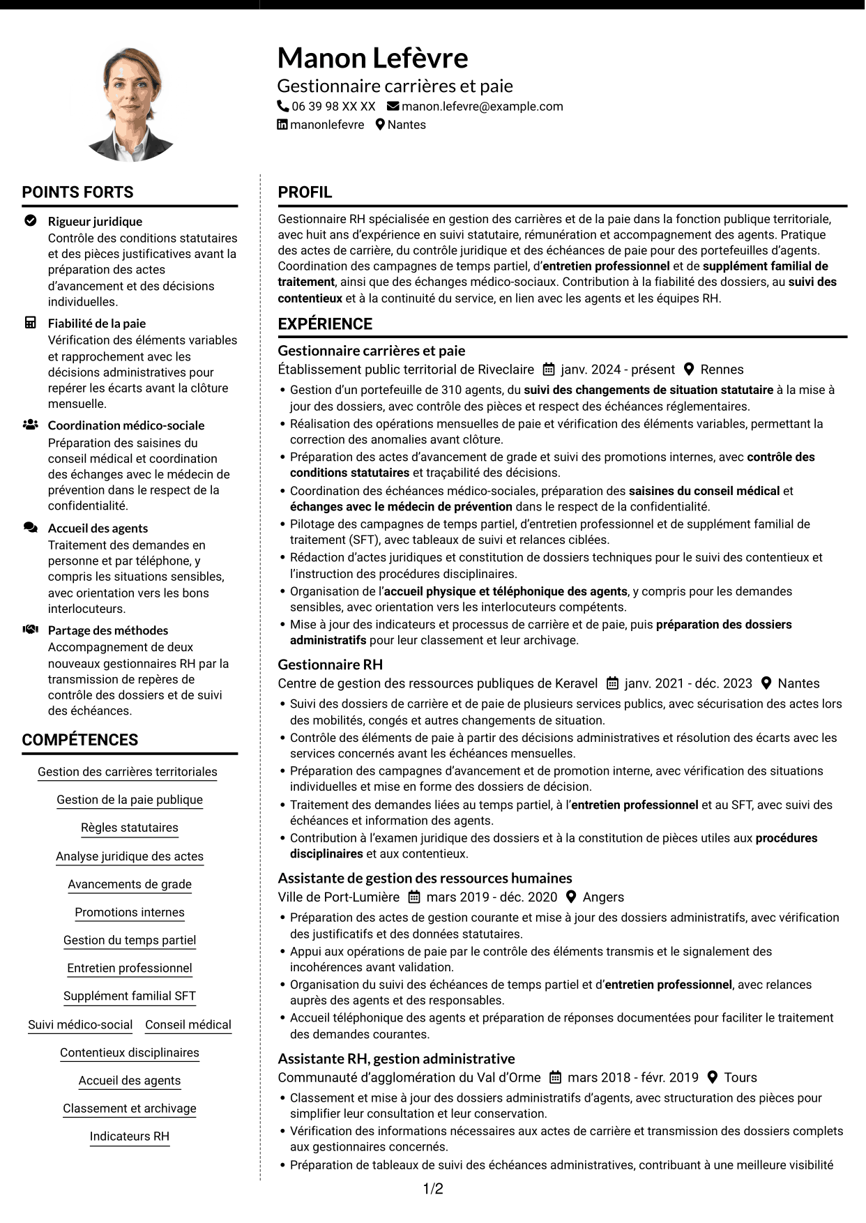 CV Moderne (format à deux colonnes avec photo à gauche et séparateur) : Chargé·e de gestion des carrières et de la paie, page 1