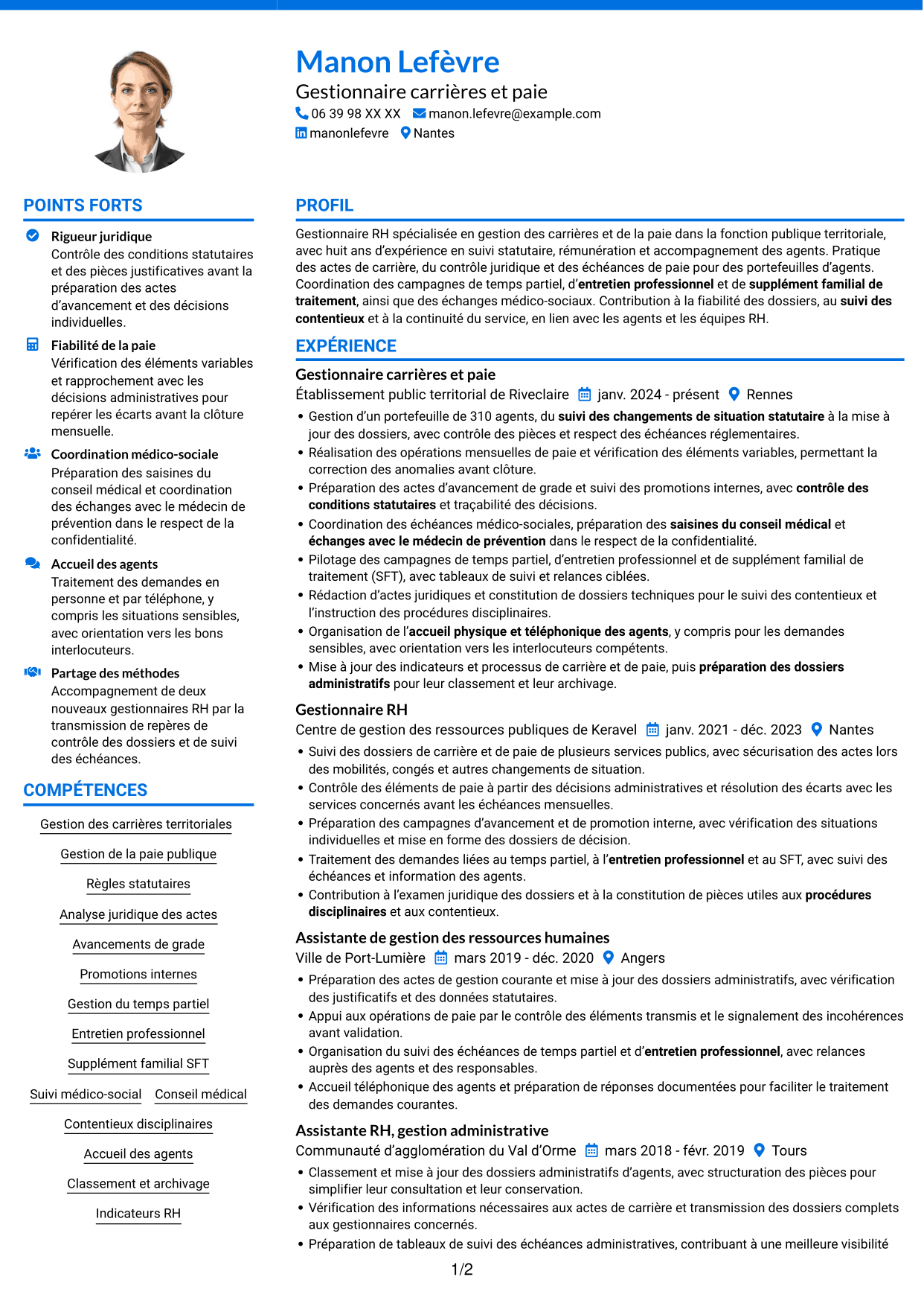 CV Audacieux (format à deux colonnes avec accents colorés et photo) : Chargé·e de gestion des carrières et de la paie, page 1