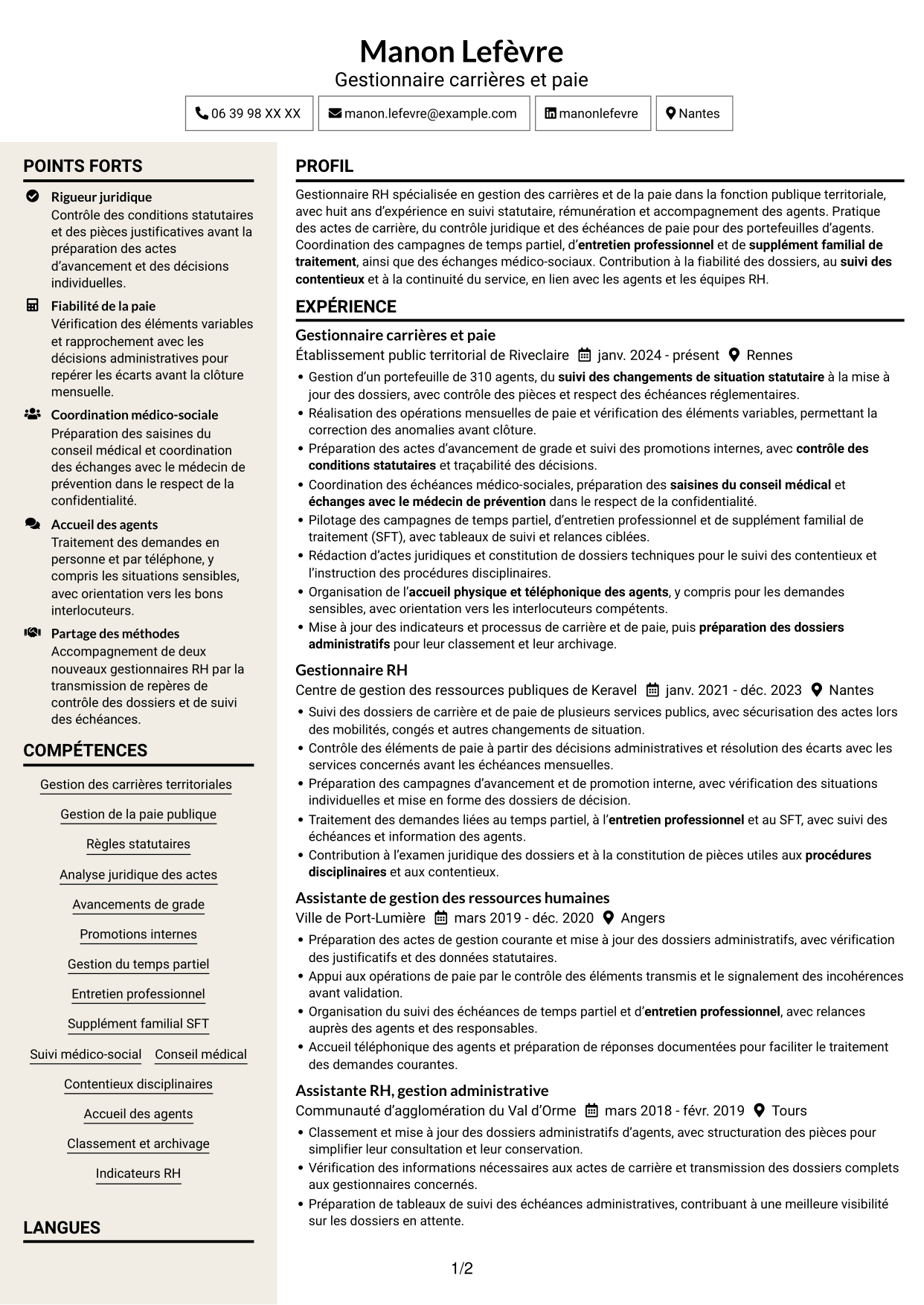 CV Fonceur (format à deux colonnes avec en-tête centré sans photo) : Chargé·e de gestion des carrières et de la paie, page 1