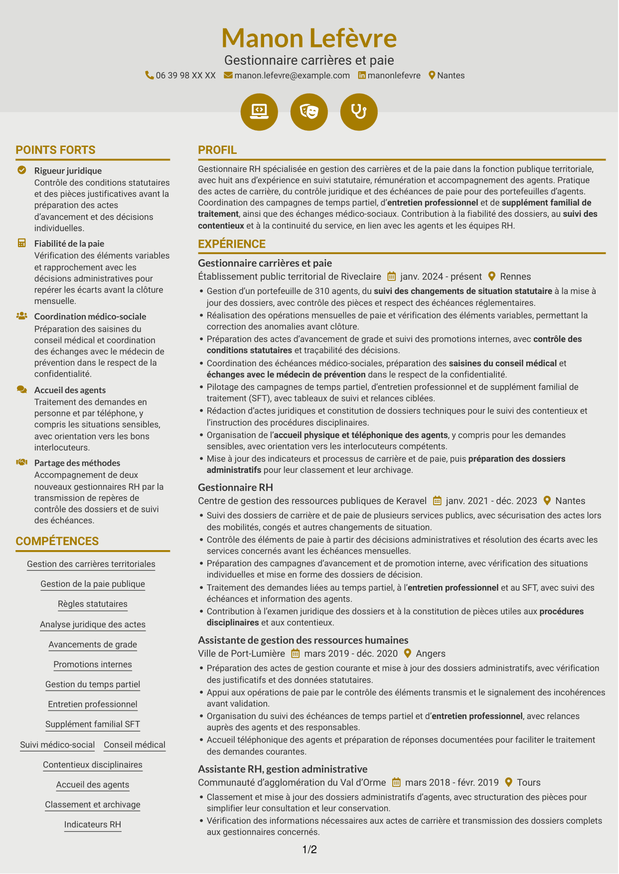 CV Dynamique (format à deux colonnes avec icônes) : Chargé·e de gestion des carrières et de la paie, page 1