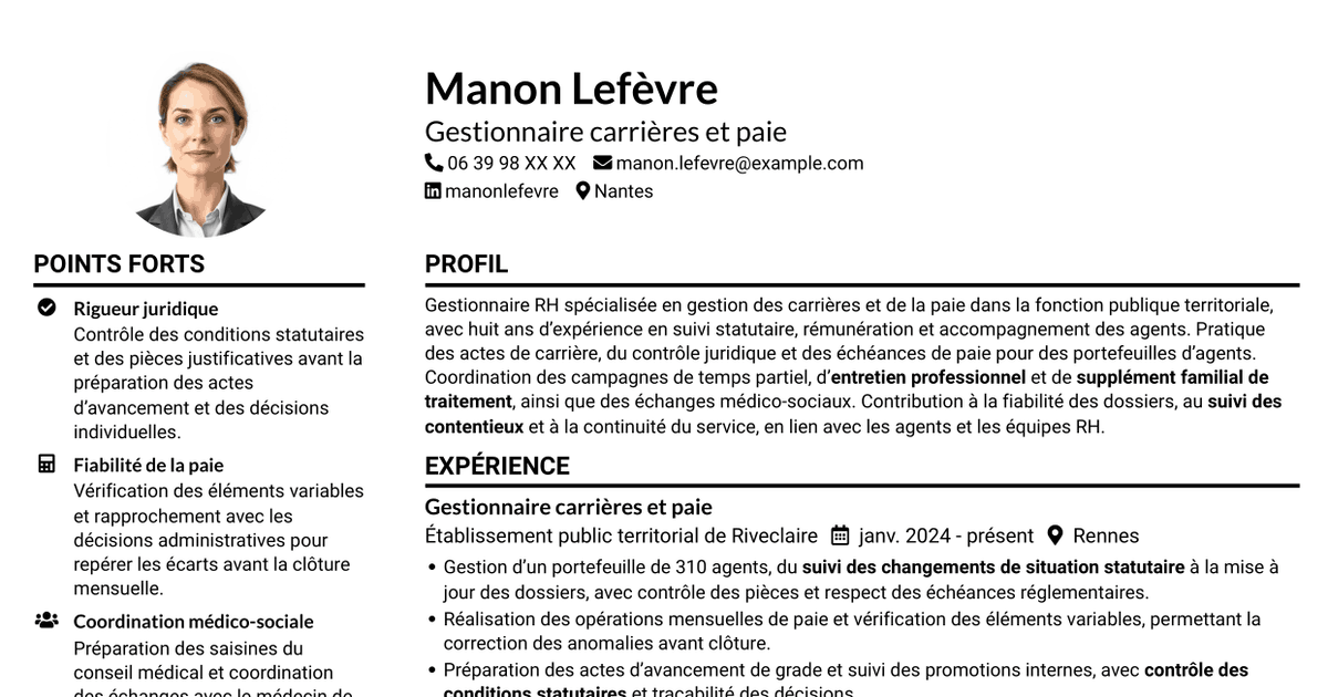 7 modèles de CV pour Chargé·e de gestion des carrières et de la paie, avec exemples