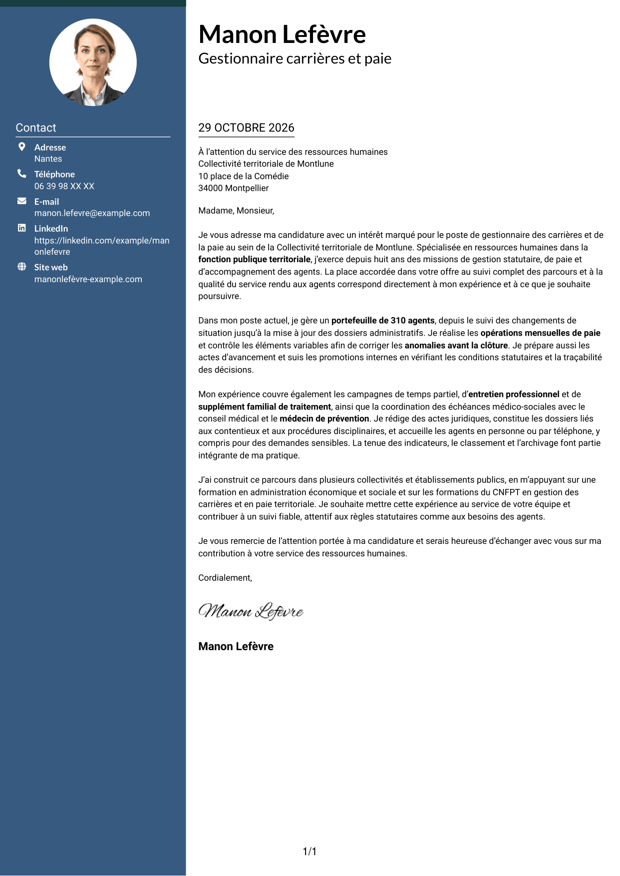 Lettre de motivation Élégant (format à colonne latérale colorée avec photo) : Chargé·e de gestion des carrières et de la paie, page 1