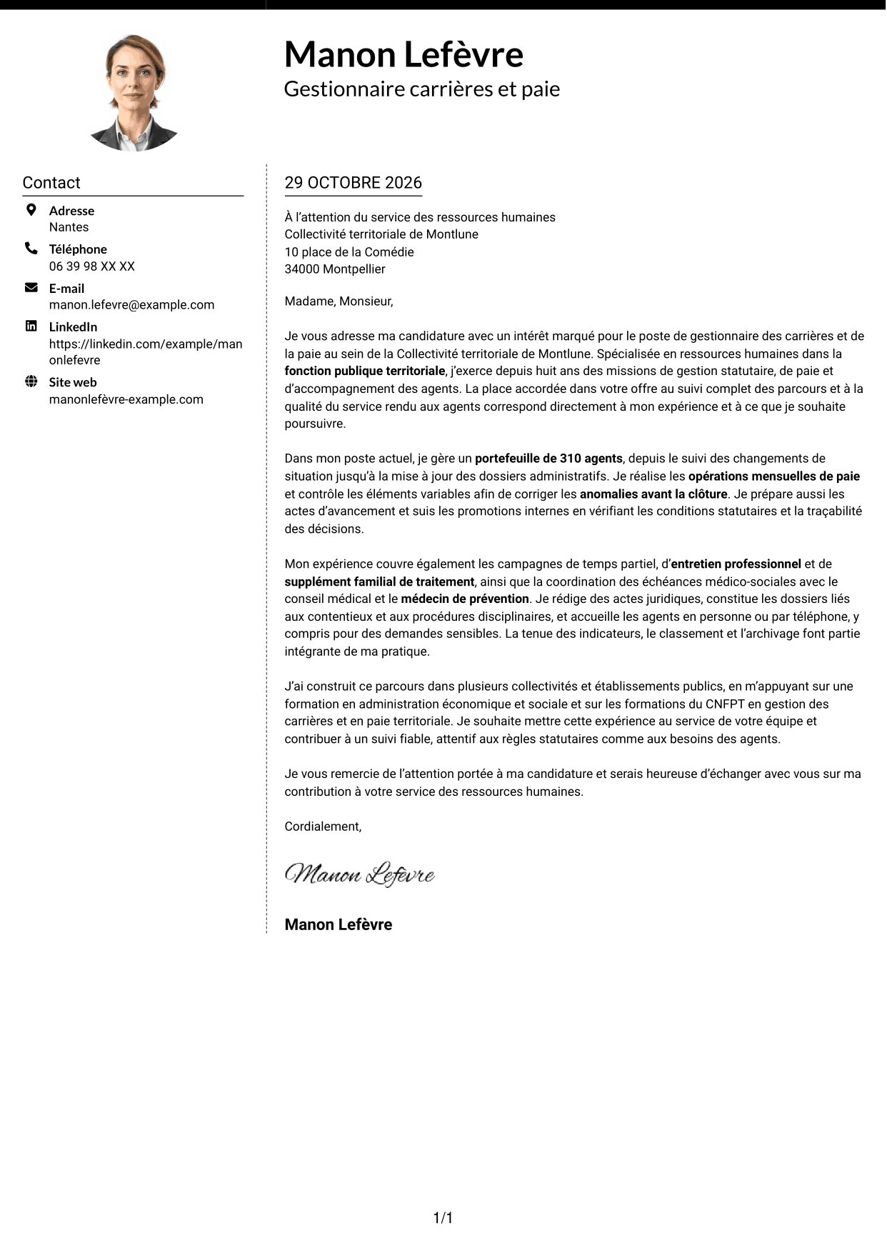 Lettre de motivation Moderne (format à deux colonnes avec photo à gauche et séparateur) : Chargé·e de gestion des carrières et de la paie, page 1
