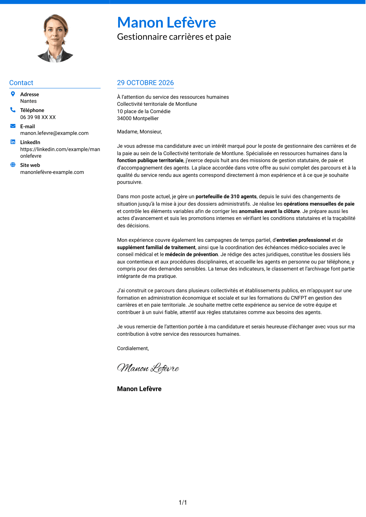 Lettre de motivation Audacieux (format à deux colonnes avec accents colorés et photo) : Chargé·e de gestion des carrières et de la paie, page 1