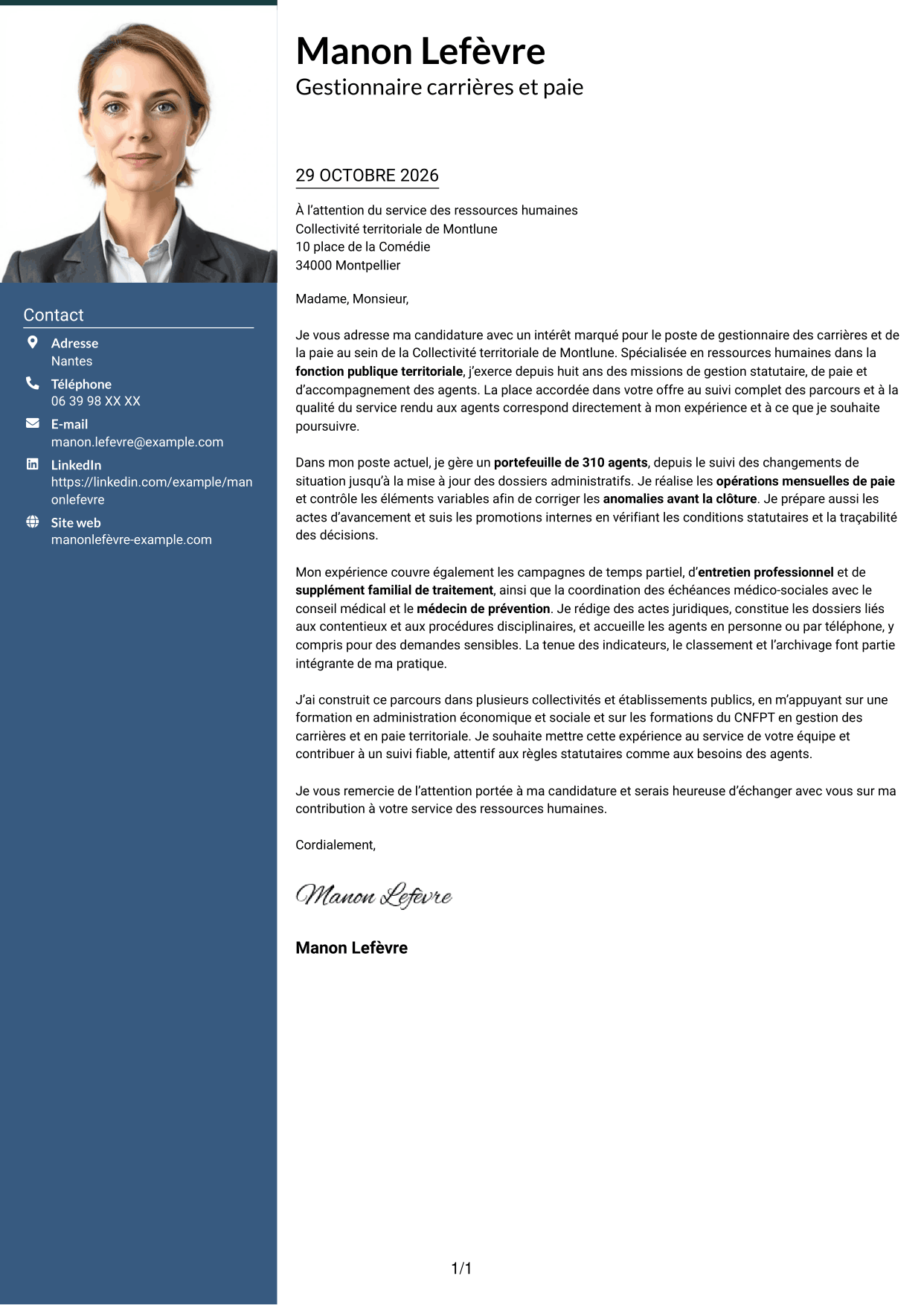 Lettre de motivation Signature (format à colonne latérale colorée avec grande photo) : Chargé·e de gestion des carrières et de la paie, page 1