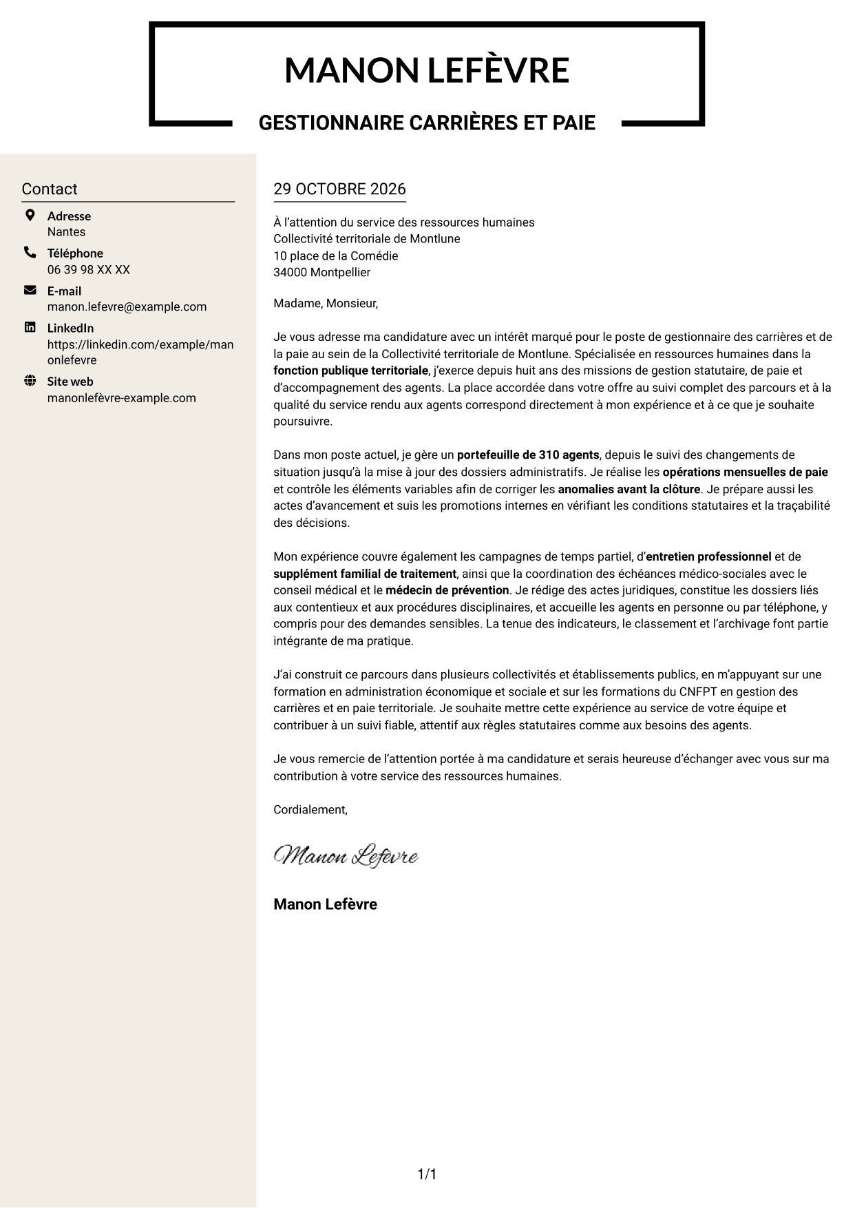 Lettre de motivation Fonceur (format à deux colonnes avec en-tête centré sans photo) : Chargé·e de gestion des carrières et de la paie, page 1