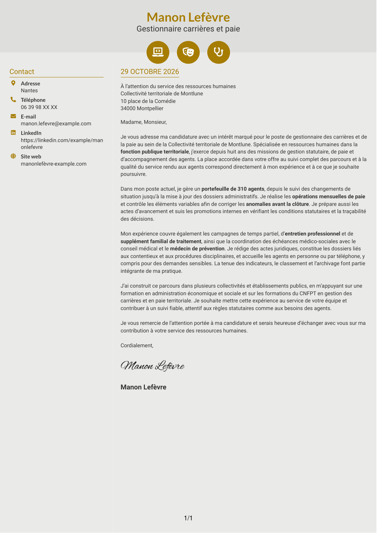 Lettre de motivation Dynamique (format à deux colonnes avec icônes) : Chargé·e de gestion des carrières et de la paie, page 1