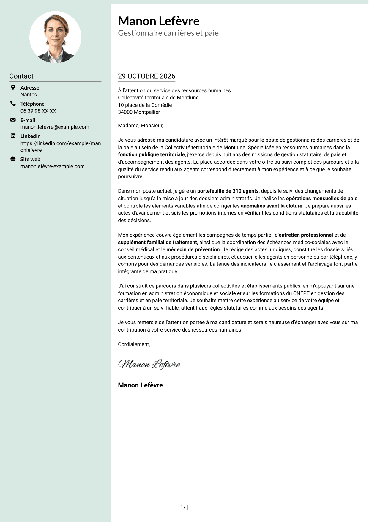 Lettre de motivation Cadre (format à colonne latérale douce avec photo arrondie) : Chargé·e de gestion des carrières et de la paie, page 1