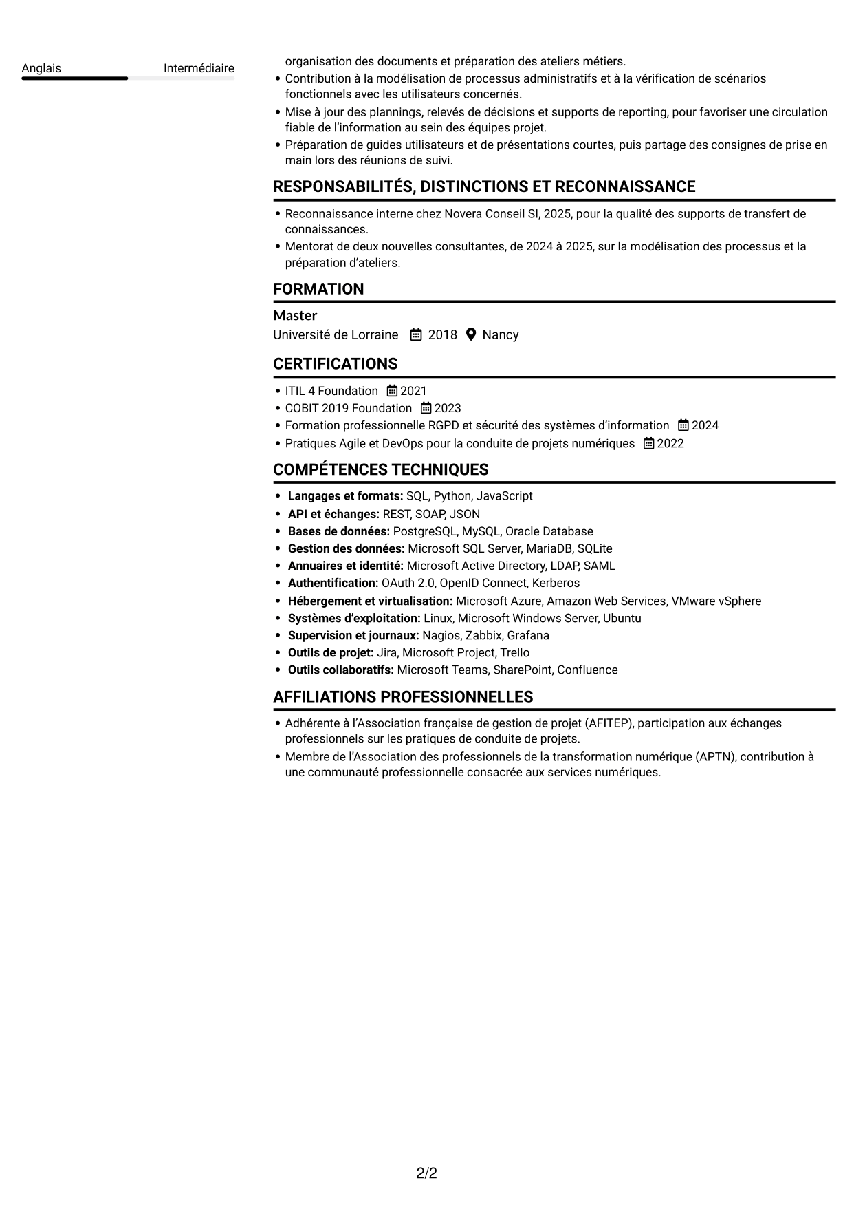 CV Compact (format sobre à deux colonnes avec photo) : Chargée de mission AMOA et Référentiel des bonnes pratiques (RBP), page 2