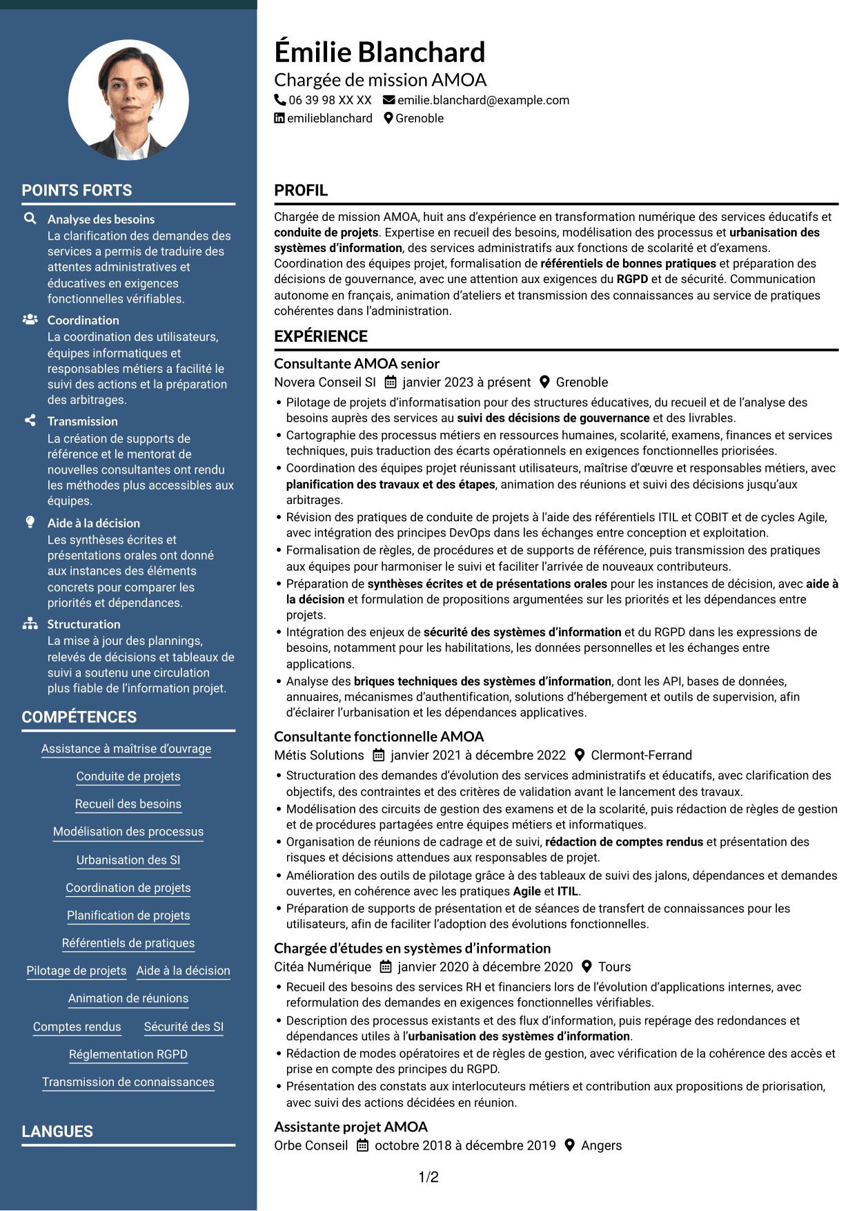 CV Élégant (format à colonne latérale colorée avec photo) : Chargée de mission AMOA et Référentiel des bonnes pratiques (RBP), page 1