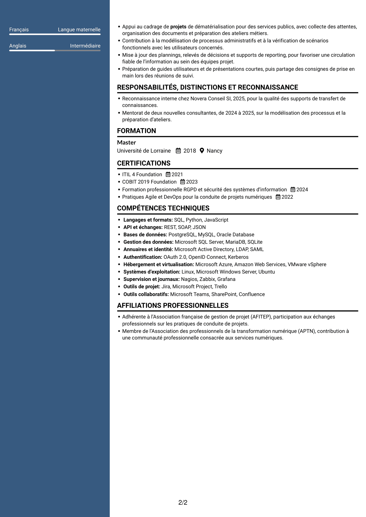 CV Élégant (format à colonne latérale colorée avec photo) : Chargée de mission AMOA et Référentiel des bonnes pratiques (RBP), page 2