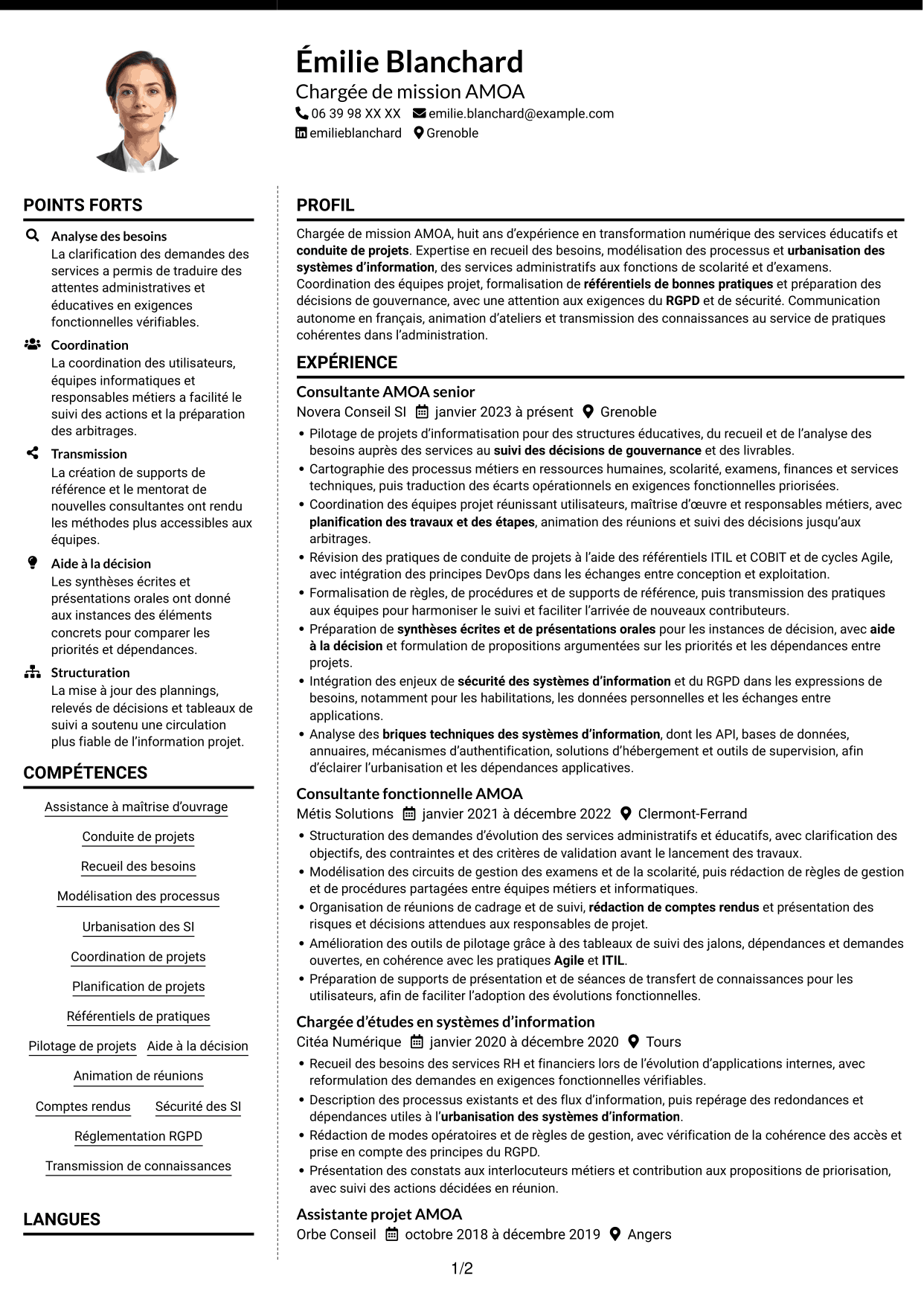 CV Moderne (format à deux colonnes avec photo à gauche et séparateur) : Chargée de mission AMOA et Référentiel des bonnes pratiques (RBP), page 1
