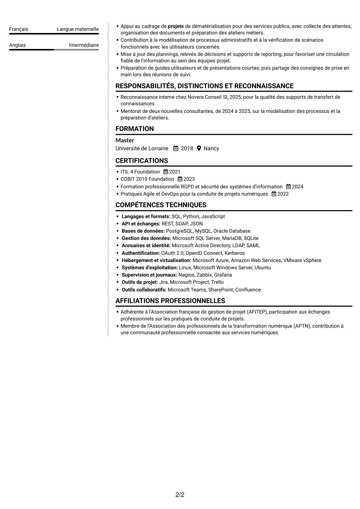 CV Moderne (format à deux colonnes avec photo à gauche et séparateur) : Chargée de mission AMOA et Référentiel des bonnes pratiques (RBP), page 2