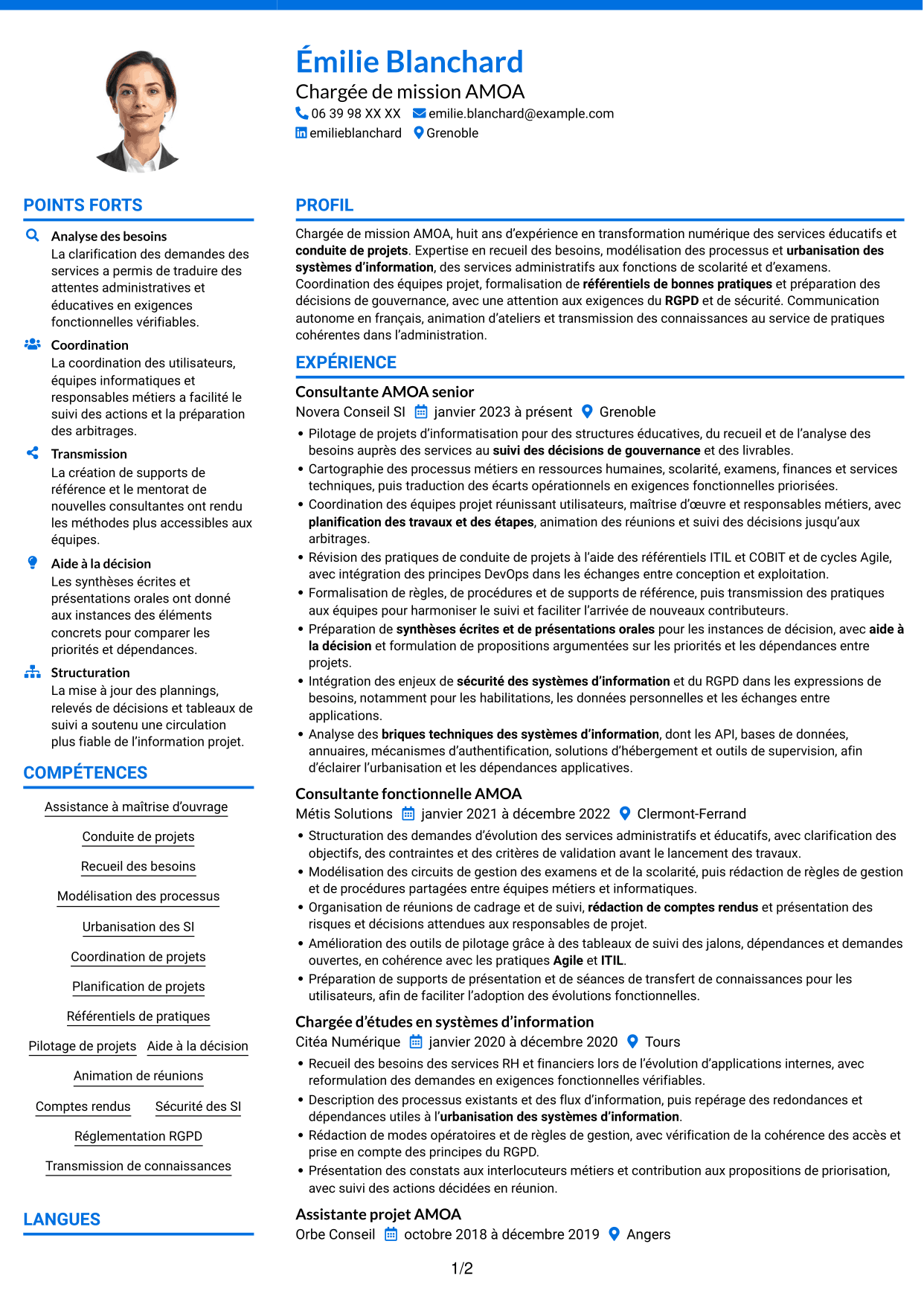 CV Audacieux (format à deux colonnes avec accents colorés et photo) : Chargée de mission AMOA et Référentiel des bonnes pratiques (RBP), page 1