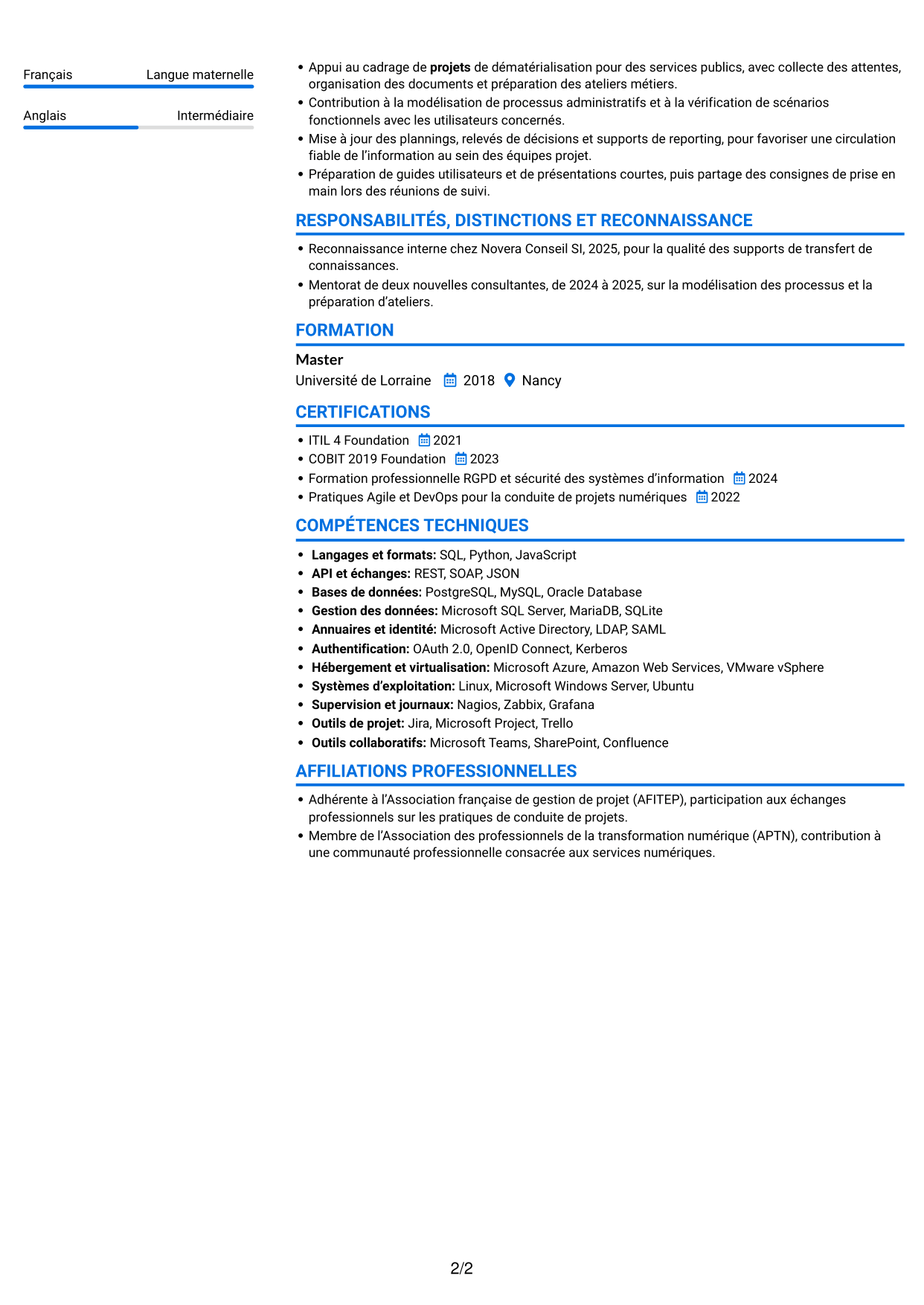 CV Audacieux (format à deux colonnes avec accents colorés et photo) : Chargée de mission AMOA et Référentiel des bonnes pratiques (RBP), page 2