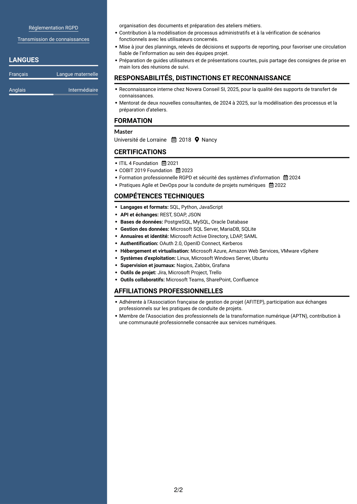 CV Signature (format à colonne latérale colorée avec grande photo) : Chargée de mission AMOA et Référentiel des bonnes pratiques (RBP), page 2