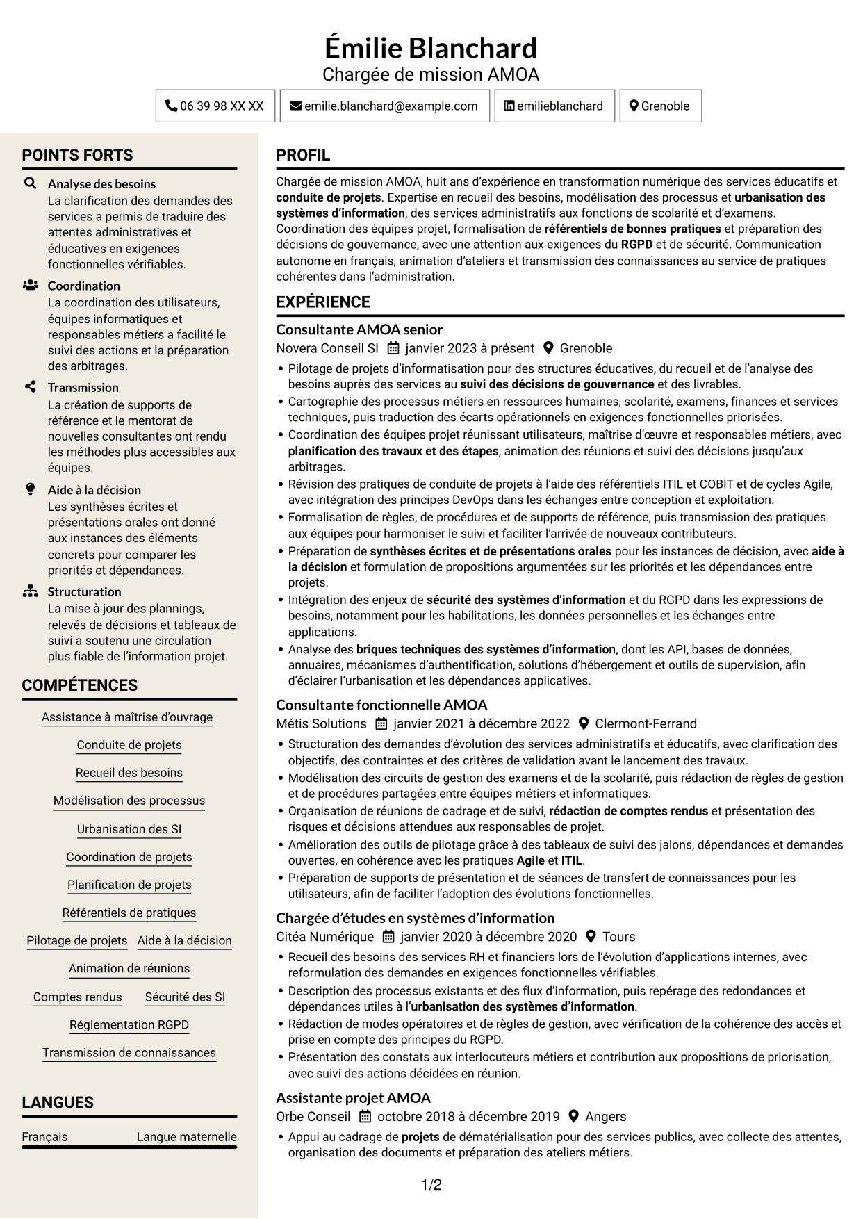 CV Fonceur (format à deux colonnes avec en-tête centré sans photo) : Chargée de mission AMOA et Référentiel des bonnes pratiques (RBP), page 1