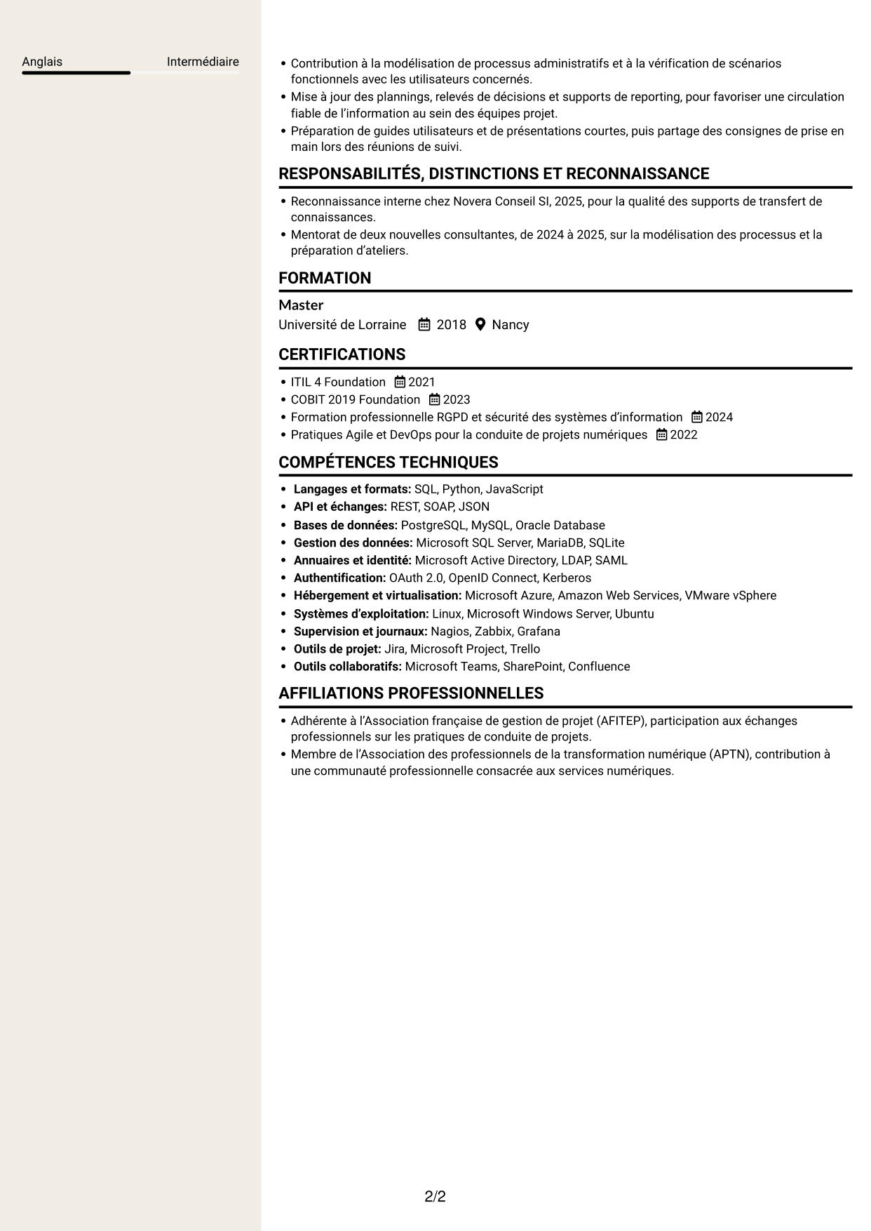 CV Fonceur (format à deux colonnes avec en-tête centré sans photo) : Chargée de mission AMOA et Référentiel des bonnes pratiques (RBP), page 2