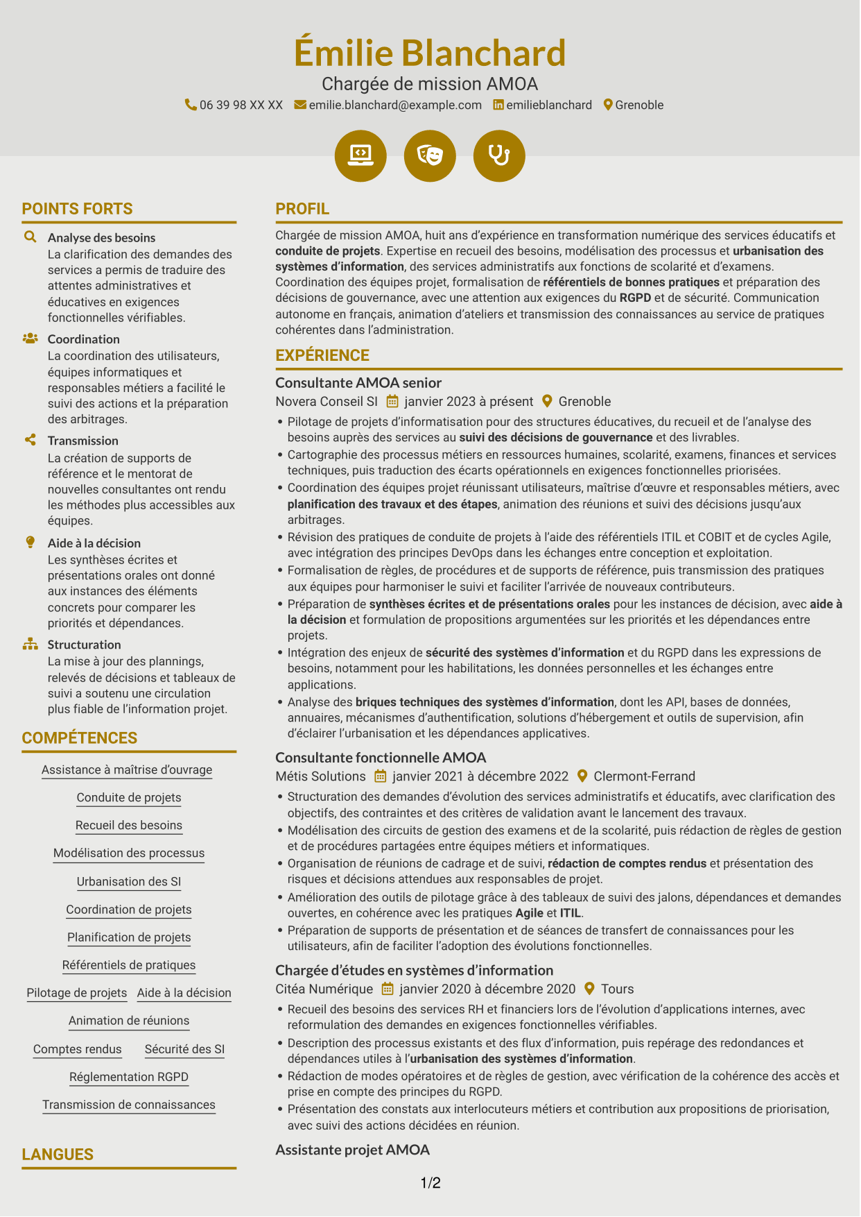 CV Dynamique (format à deux colonnes avec icônes) : Chargée de mission AMOA et Référentiel des bonnes pratiques (RBP), page 1
