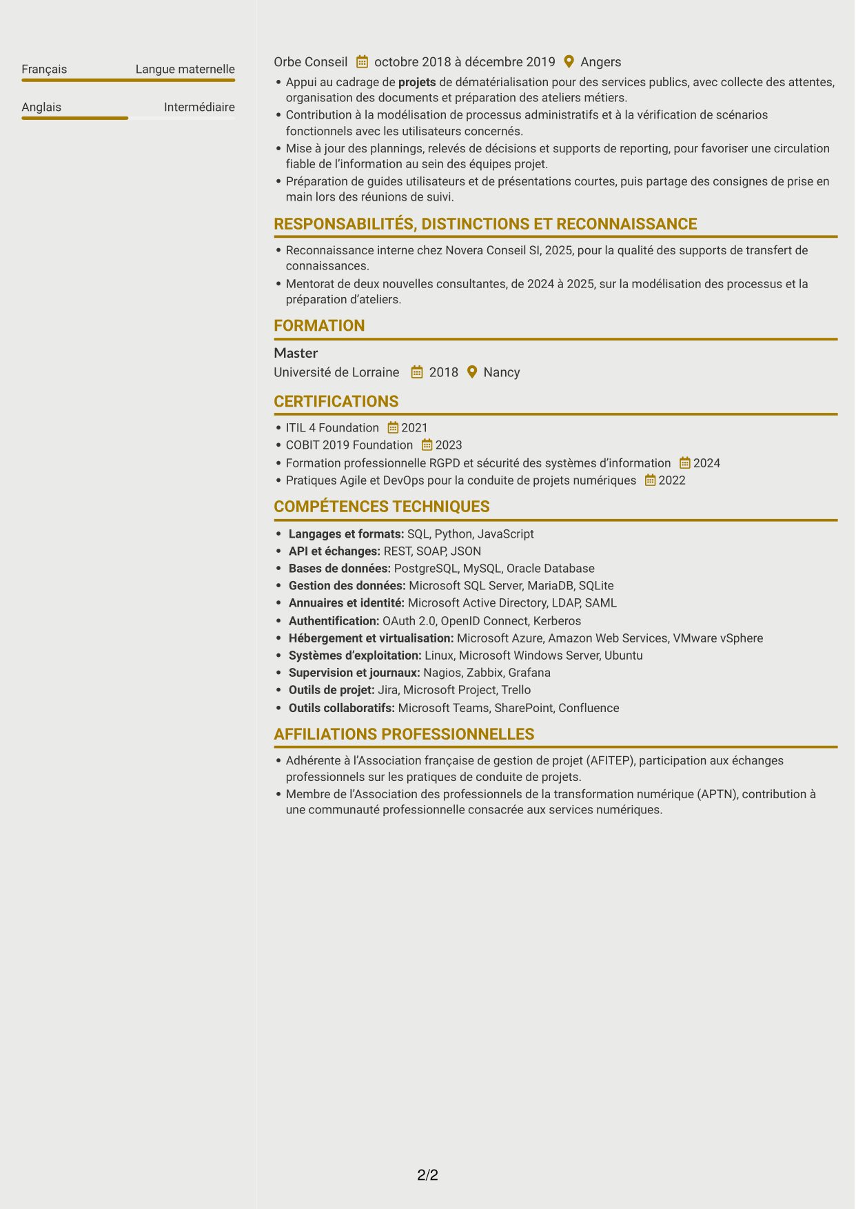 CV Dynamique (format à deux colonnes avec icônes) : Chargée de mission AMOA et Référentiel des bonnes pratiques (RBP), page 2