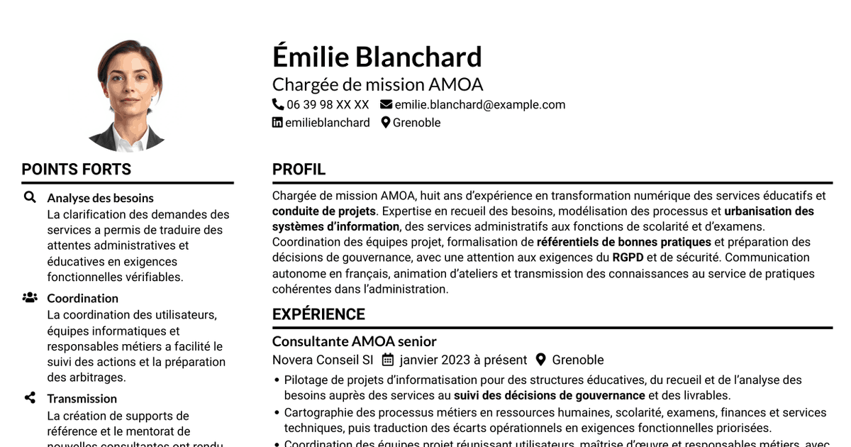 7 modèles de CV pour Chargée de mission AMOA et Référentiel des bonnes pratiques (RBP), avec exemples