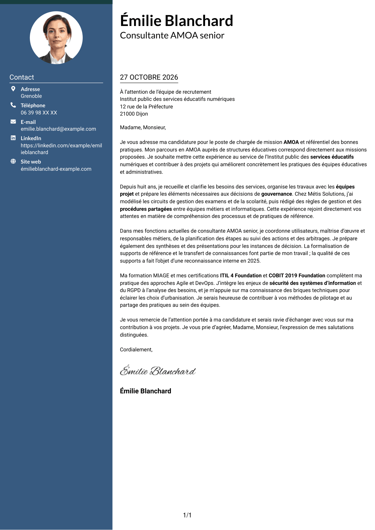 Lettre de motivation Élégant (format à colonne latérale colorée avec photo) : Chargée de mission AMOA et Référentiel des bonnes pratiques (RBP), page 1