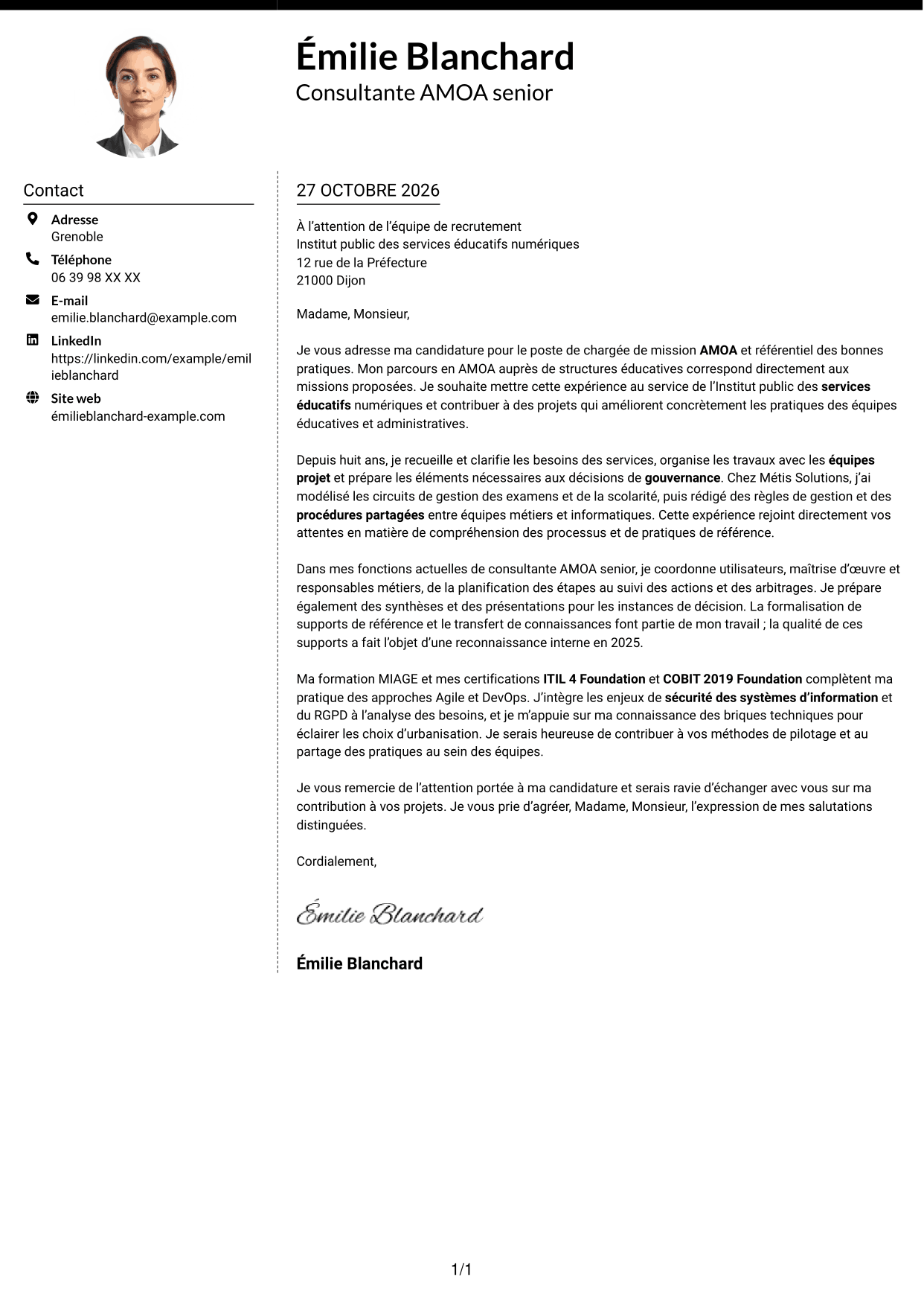 Lettre de motivation Moderne (format à deux colonnes avec photo à gauche et séparateur) : Chargée de mission AMOA et Référentiel des bonnes pratiques (RBP), page 1