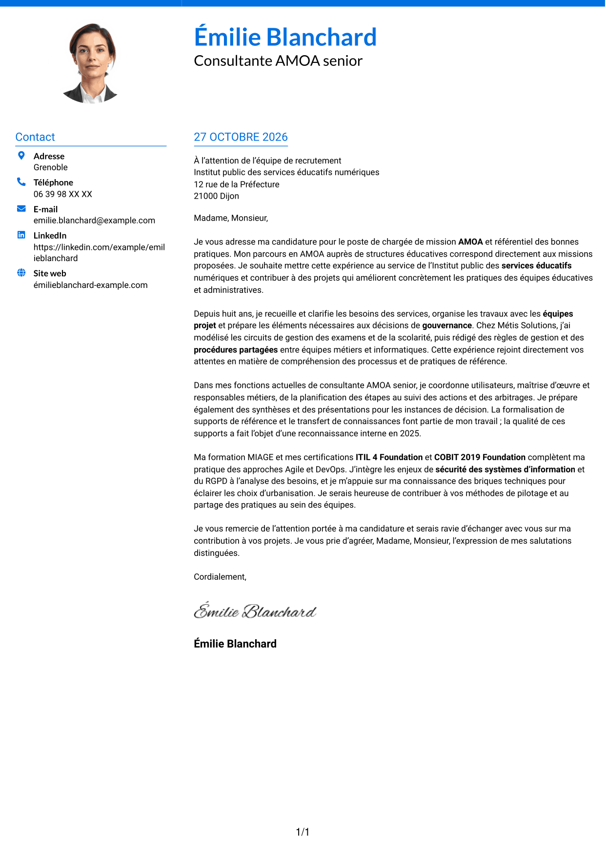 Lettre de motivation Audacieux (format à deux colonnes avec accents colorés et photo) : Chargée de mission AMOA et Référentiel des bonnes pratiques (RBP), page 1
