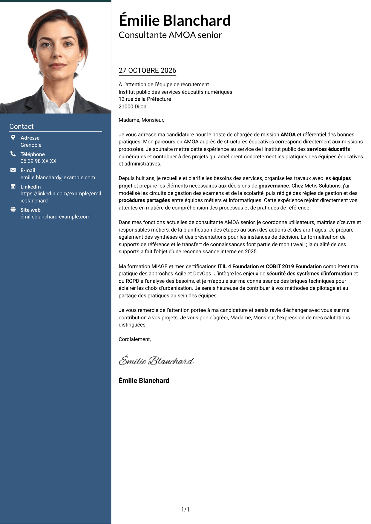 Lettre de motivation Signature (format à colonne latérale colorée avec grande photo) : Chargée de mission AMOA et Référentiel des bonnes pratiques (RBP), page 1